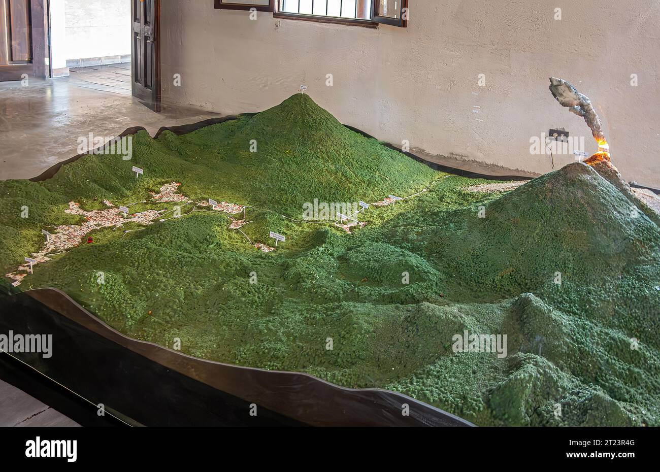 Guatemala, La Antigua - July 20, 2023: Finca La Azotea museums. 3-dimentional green maquette with volcanos, valley around town Stock Photo