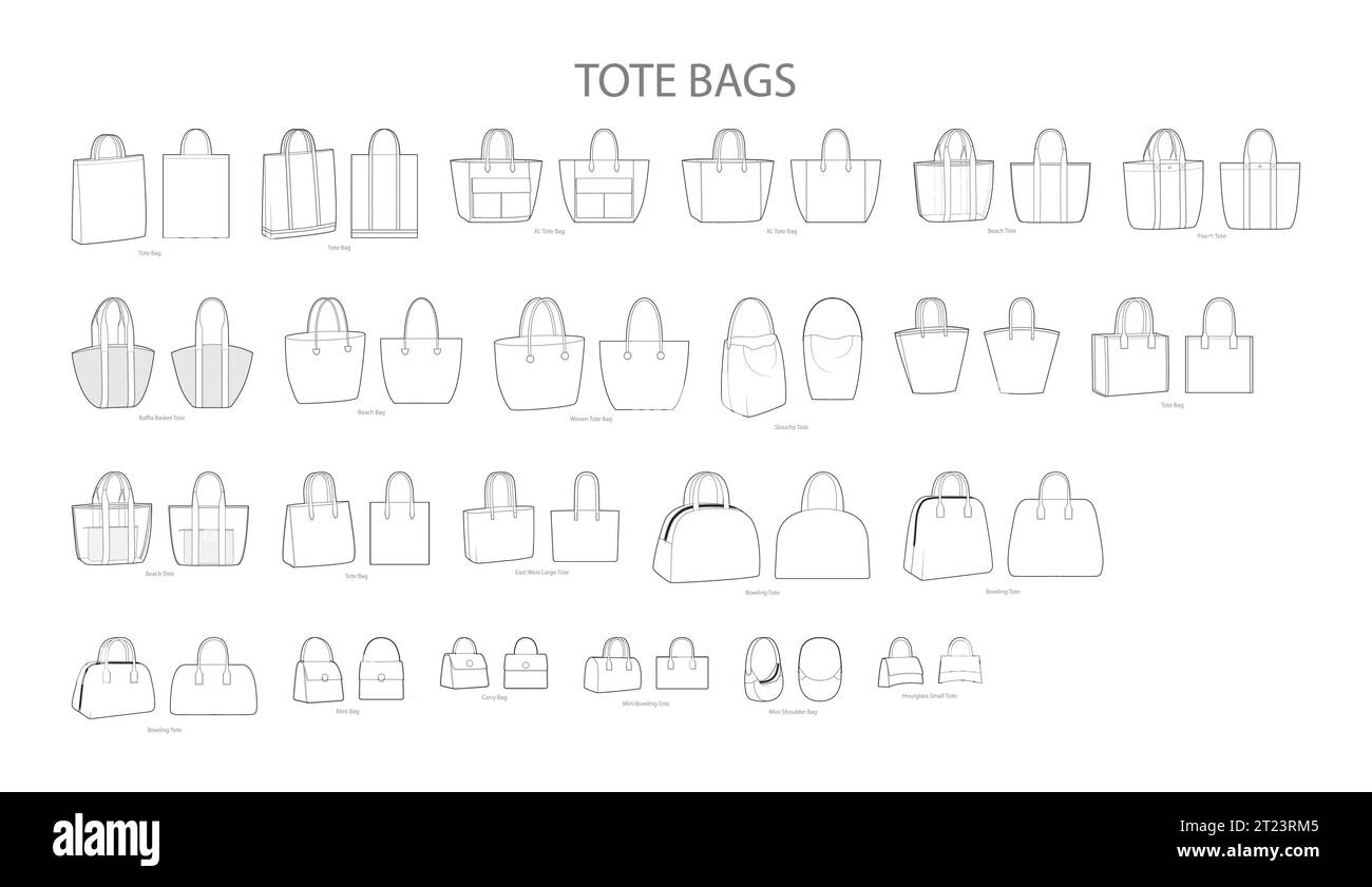 Set of Tote Bags. Fashion accessory technical illustration. Vector satchel front 3-4 view for Men, women, unisex style, flat handbag CAD mockup sketch outline isolated Stock Vector