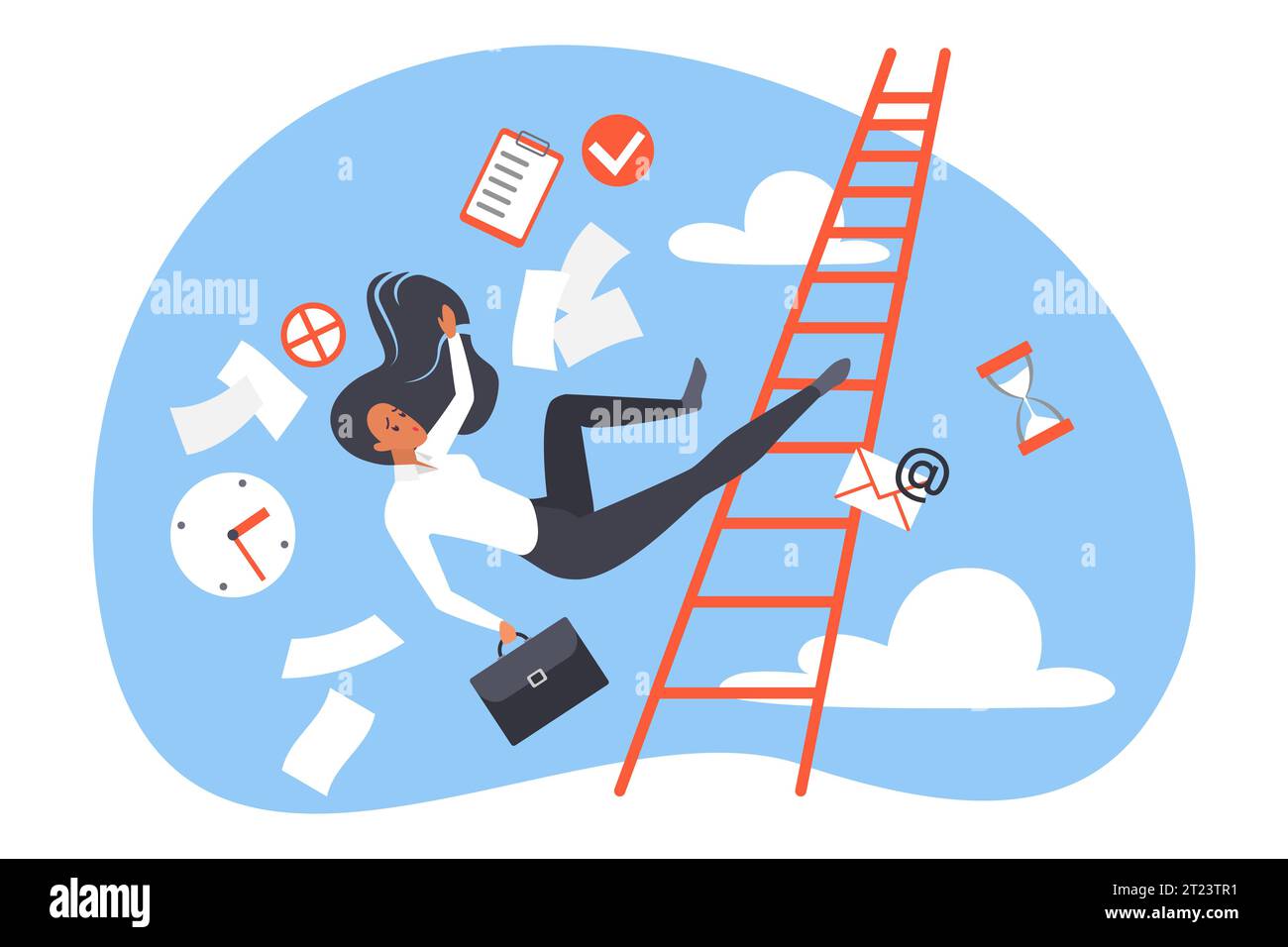 Career failure, fall accident of woman vector illustration. Cartoon female employee character climbing stairs and falling along with clock, business documents from office workplace, loses job Stock Vector