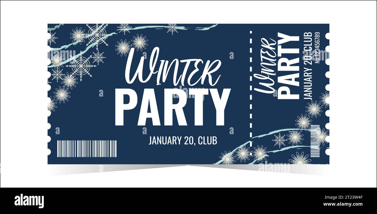 Winter Party Ticket layout template card design. Snowflakes and strokes. Winter holiday ...