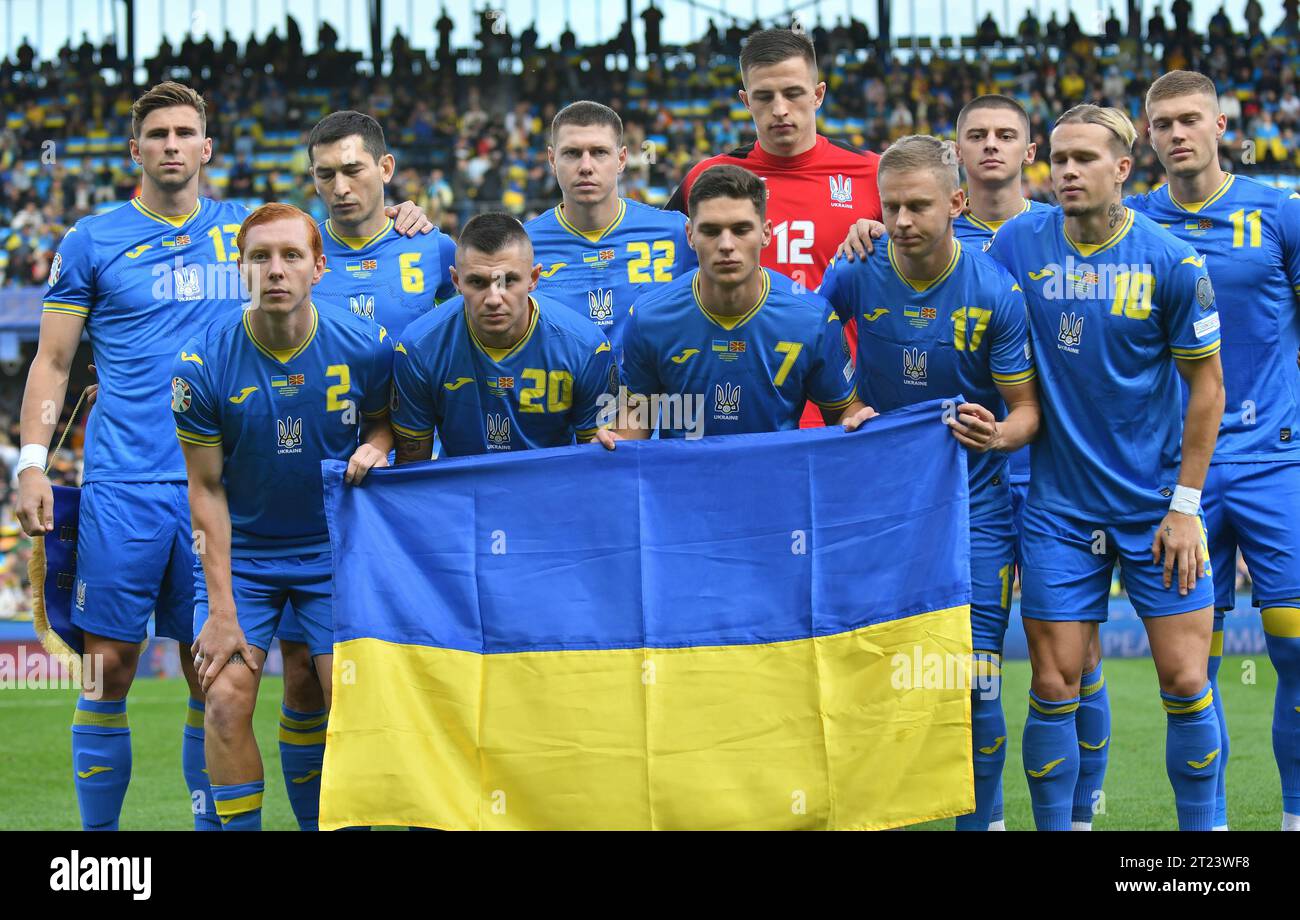 Prague, Czechia - October 14, 2023: Players of Ukraine National Team pose for a group photo before the UEFA EURO 2024 Qualifying game Ukraine v North Makedonia at Epet Arena in Prague, Czechia Stock Photo