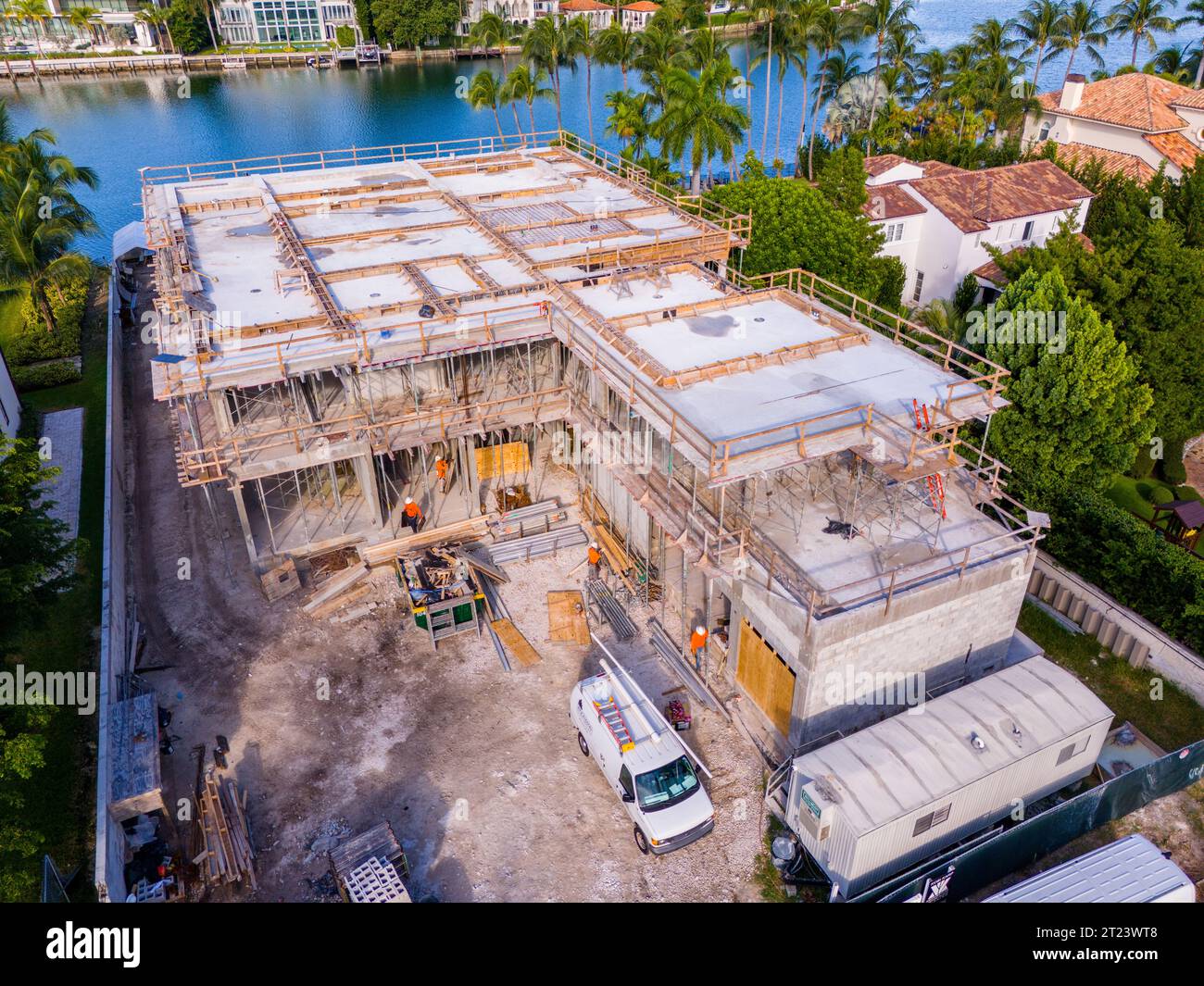 Miami Beach, FL, USA - October 6, 2023:  Aerial drone photo of a luxury waterfront mansion home under construction on Allison Island Miami Beach Flori Stock Photo