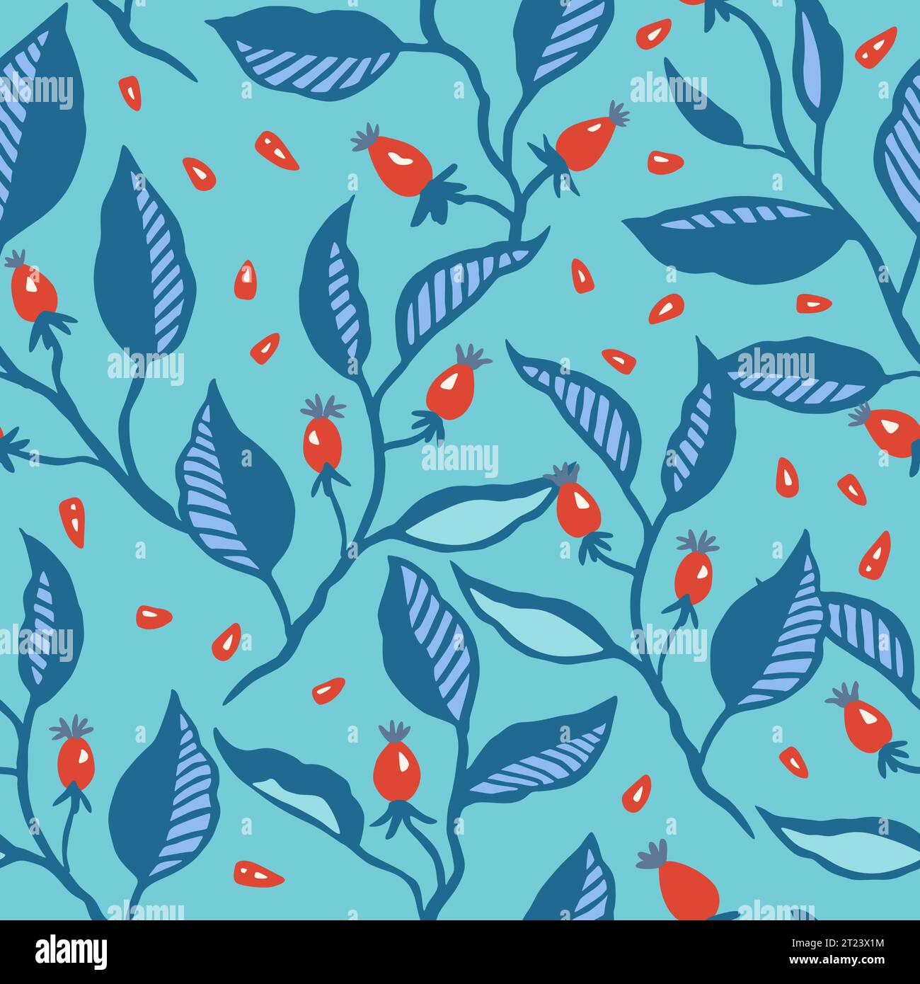Seamless pattern with dynamic stylizes branches with red berries. Original trendy background for design Stock Vector