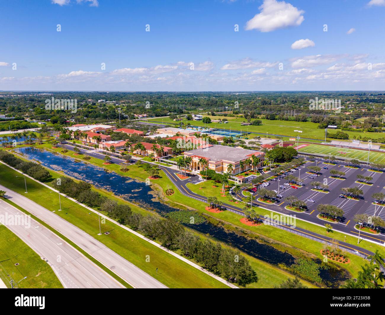 Pembroke Pines, FL, USA - October 15, 2023: Aerial drone photo tour of Pines Charter School Pembroke Pines Florida Stock Photo