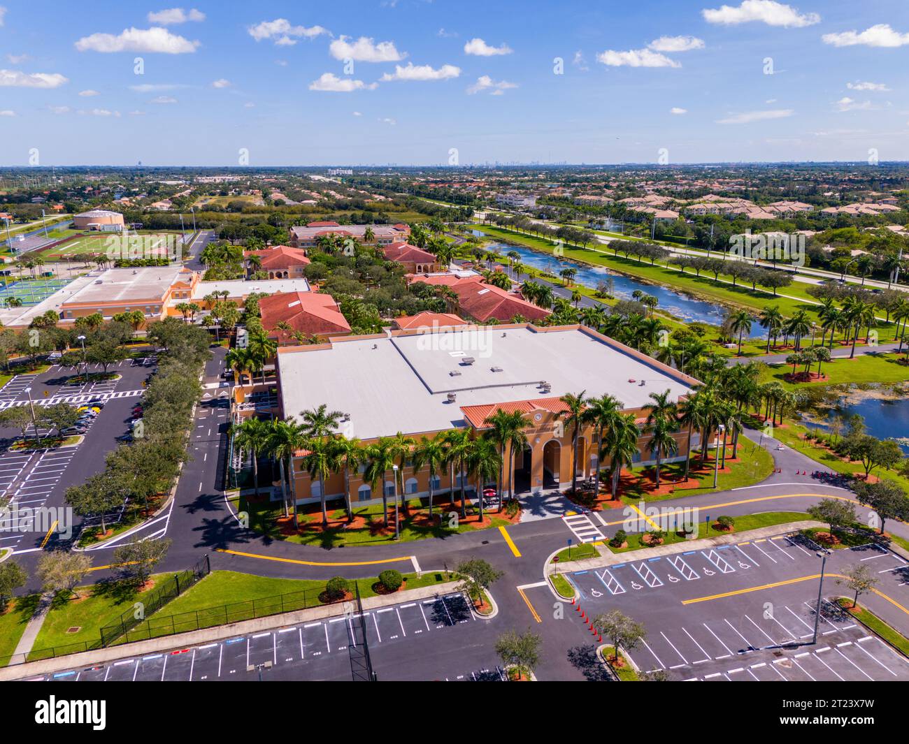 Pembroke Pines, FL, USA - October 15, 2023: Aerial drone photo tour of Pines Charter School Pembroke Pines Florida Stock Photo