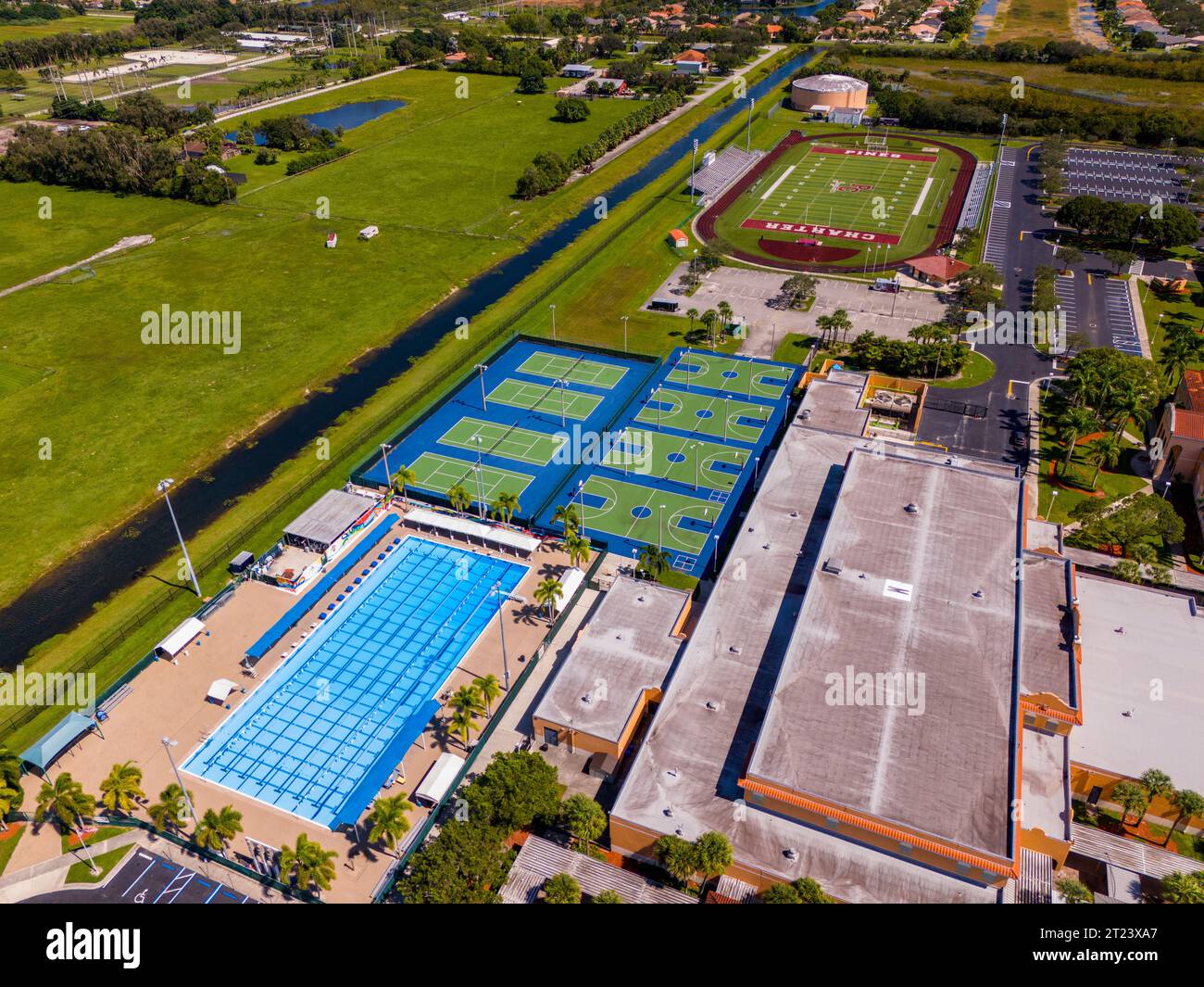 Pembroke Pines, FL, USA - October 15, 2023: Aerial drone photo tour of Pines Charter School Pembroke Pines Florida Stock Photo