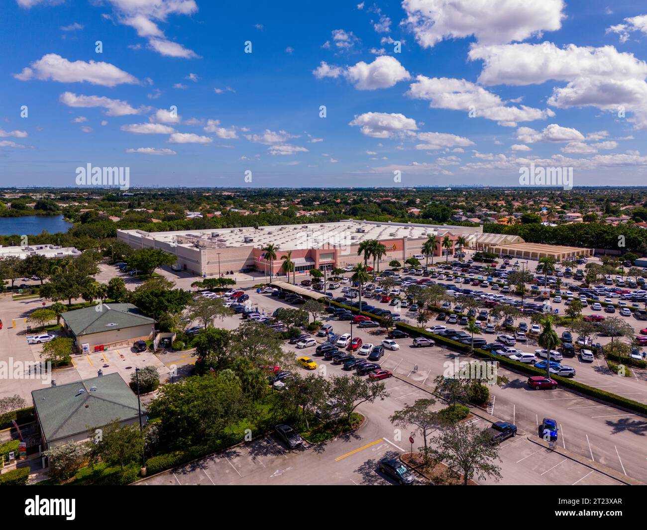 Pembroke Pines, FL, USA - October 15, 2023: Aerial drone photo Walmart