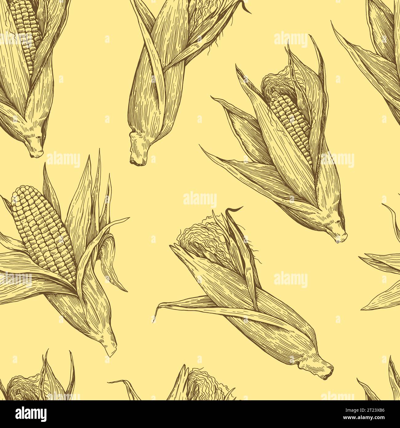 Seamless pattern with corn cobs. Drawing in old retro engraving style ...