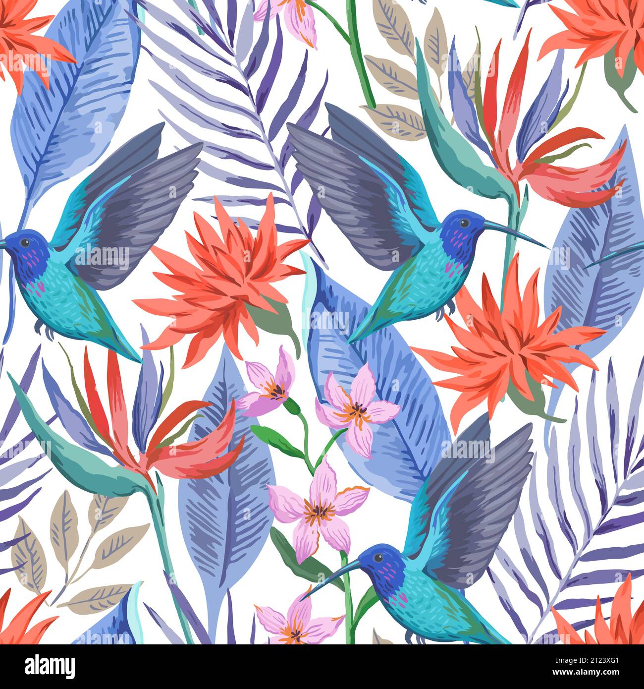 Colorful tropical seamless pattern with exotic birds and flowers ...