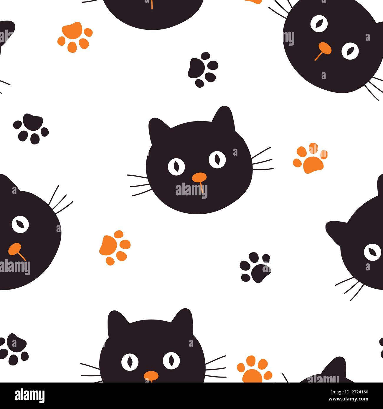 Seamless pattern with cute black cat and paw footprint. Vector illustration on white background. Stock Vector