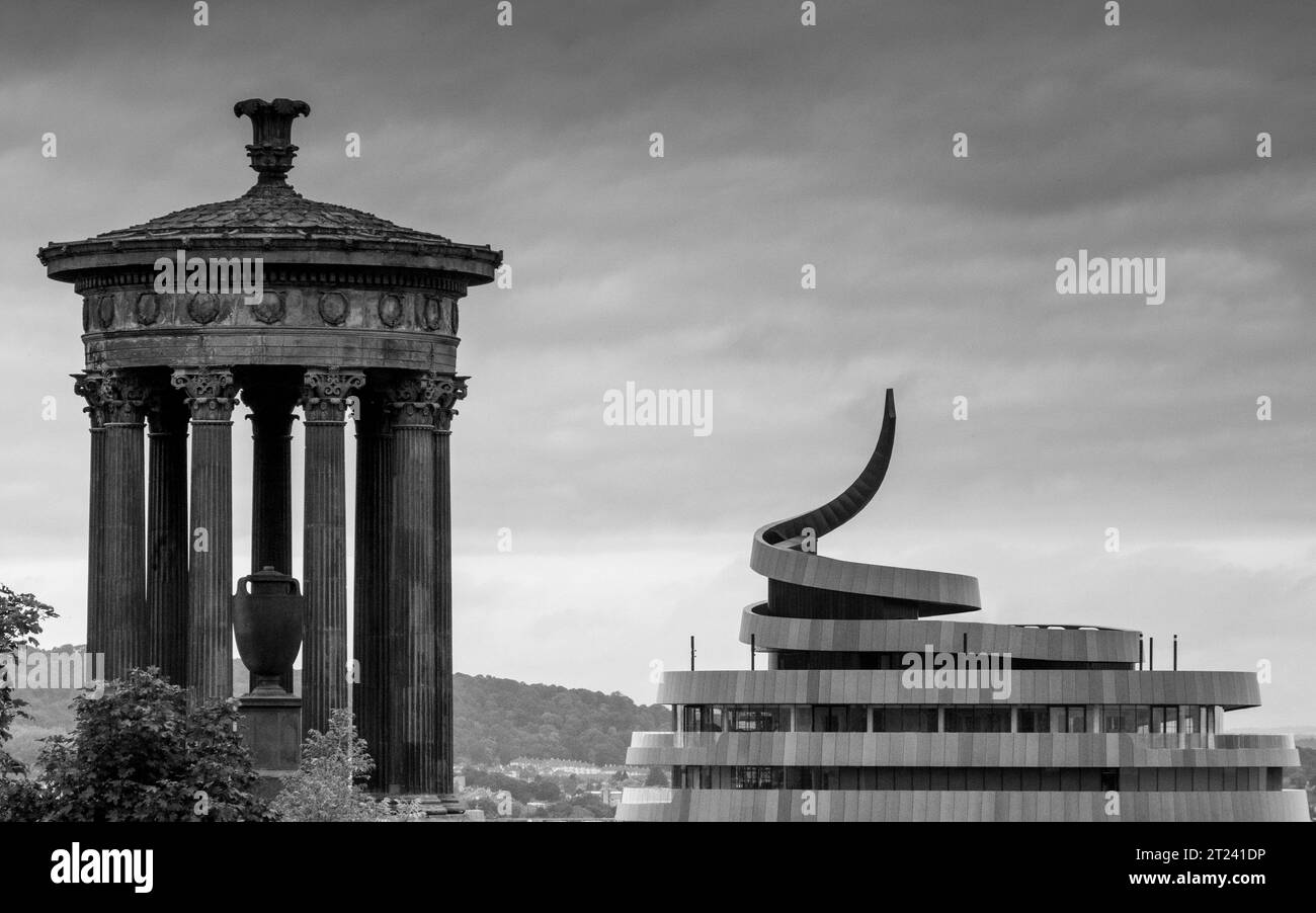 W Hotel rooftop spire in St James Quarter designed by Jestico + Whiles with Dugald Stewart Monument as seen from Calton Hill, Edinburgh, Scotland UK Stock Photo