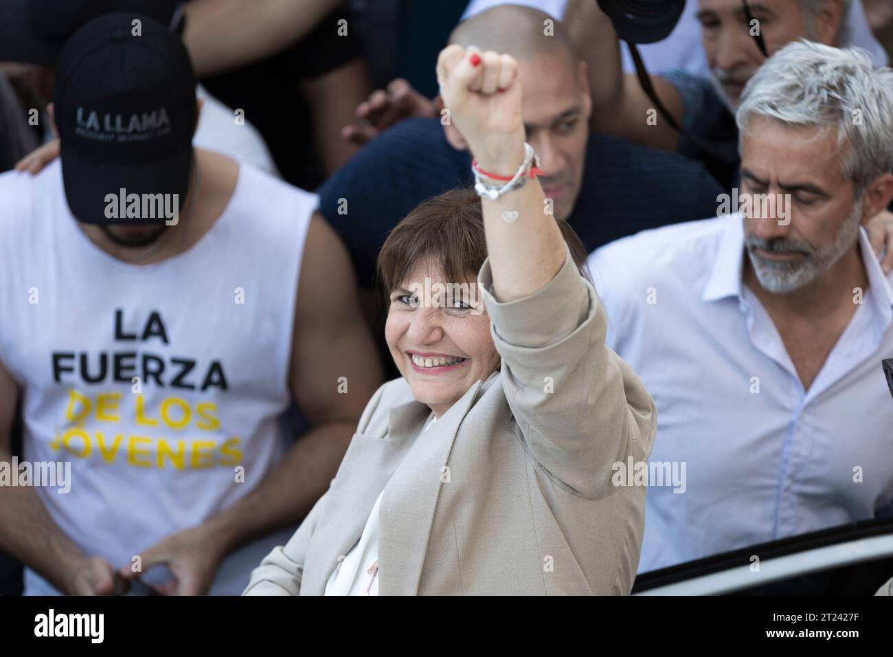 Buenos Aires, Argentina. 16th October, 2023. The presidential candidate of Juntos por el Cambio (JxC), Patricia Bullrich, held today her first campaign closing for next Sunday's elections. In this opportunity she did it in the City of Buenos Aires, where she headed an act in the Barrancas de Belgrano. During the week she will hold several events in different parts of the country. In the photo: Patricia Bullrich giving her speech at an event. (Credit: Esteban Osorio/Alamy Live News) Stock Photo