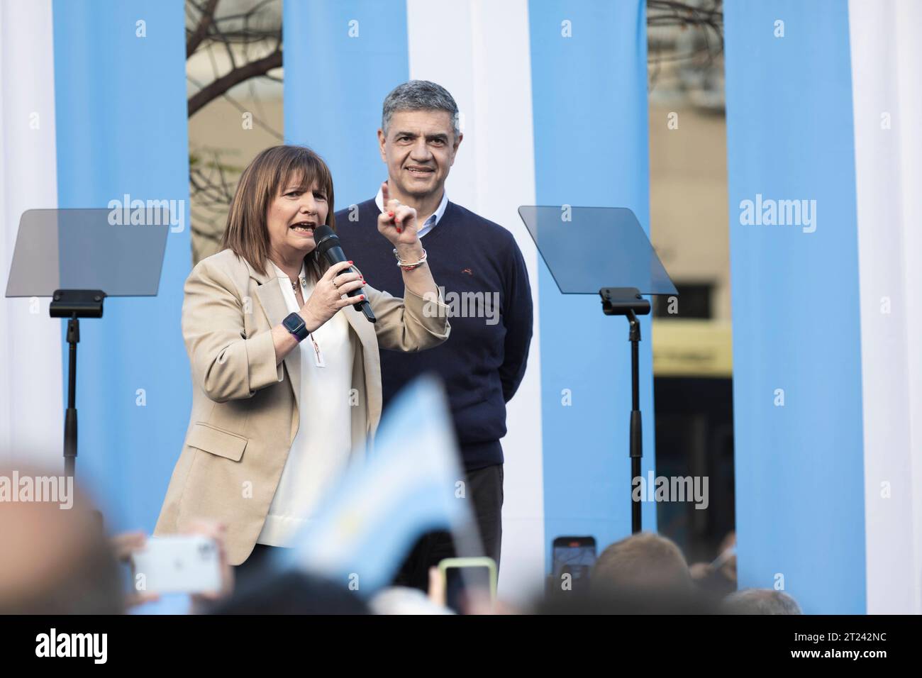 Presidential Elections 2023. The presidential candidate of Juntos por el Cambio JxC, Patricia Bullrich, held today her first campaign closing for next Sunday s elections. In this opportunity she did it in the City of Buenos Aires, where she headed an act in the Barrancas de Belgrano. During the week she will hold several events in different parts of the country. In the photo: Patricia Bullrich giving her speech at an event. Buenos Aires Argentina Copyright: xImagoxImages/EstebanxOsoriox EstebanOsorio-6962 Credit: Imago/Alamy Live News Stock Photo