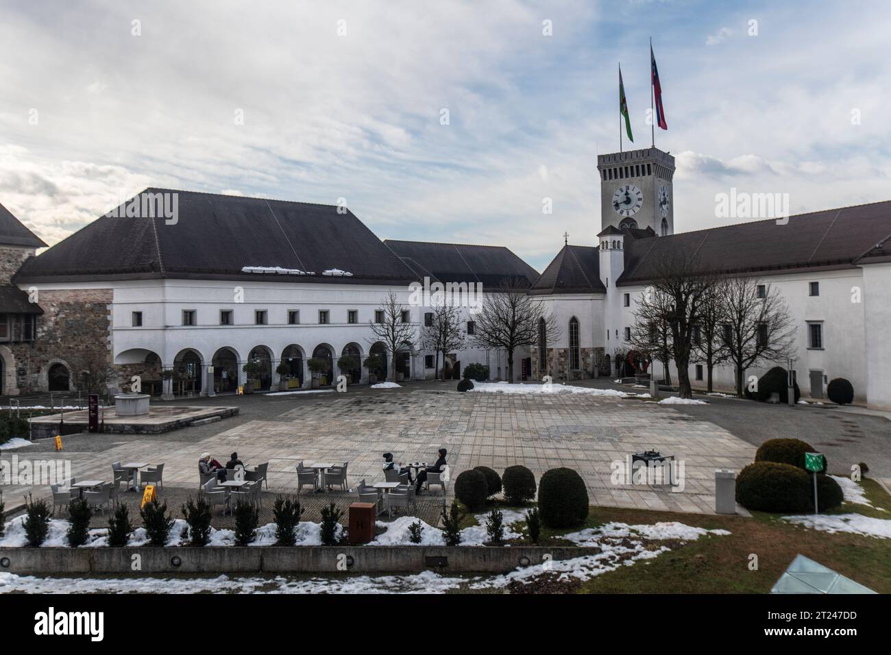 Ljubljana Castle, snowed interior during winter. Slovenia Stock Photo