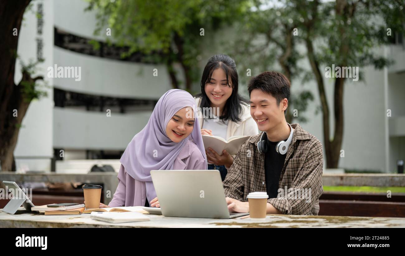 A group of diverse young college students is discussing project details, using a laptop, and working on a group project at a table in a campus park to Stock Photo