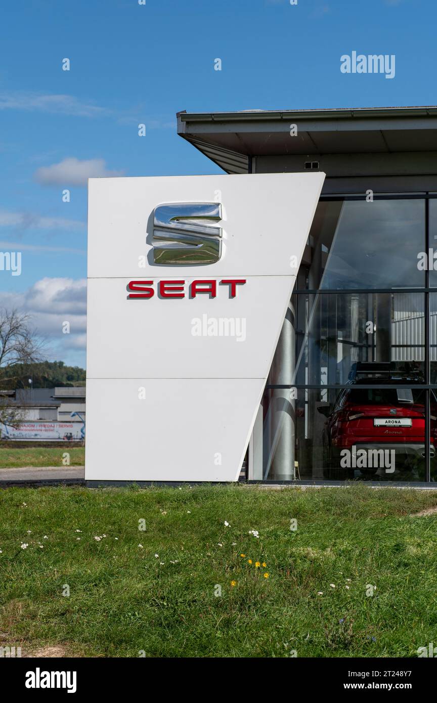 Zvolen, Slovakia - October, 8, 2023 : SEAT dealership sign at showroom. SEAT is a Spanish automobile manufacturer and part of the Volkswagen Group. Stock Photo