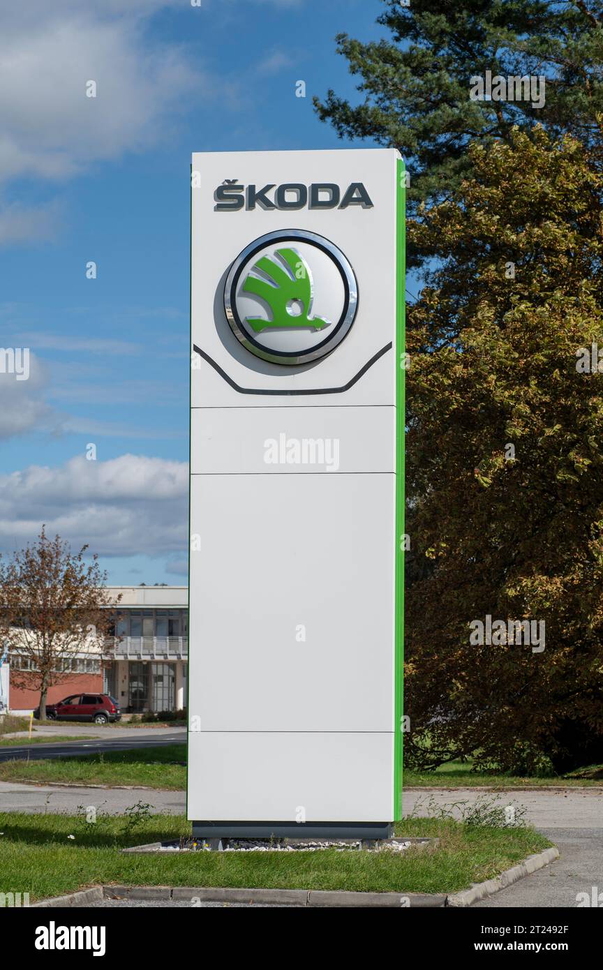 Zvolen, Slovakia - October, 8, 2023 : SKODA dealership sign at showroom. Skoda is a Czech automobile manufacturer owned by the German Volkswagen Group Stock Photo