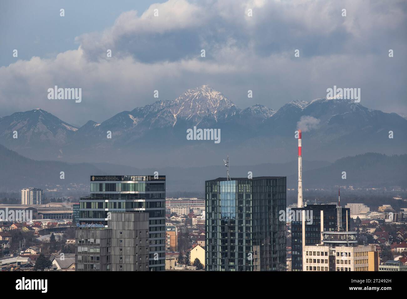 Ljubljana: pollution in the city, with coal industries and chimney. Slovenia Stock Photo