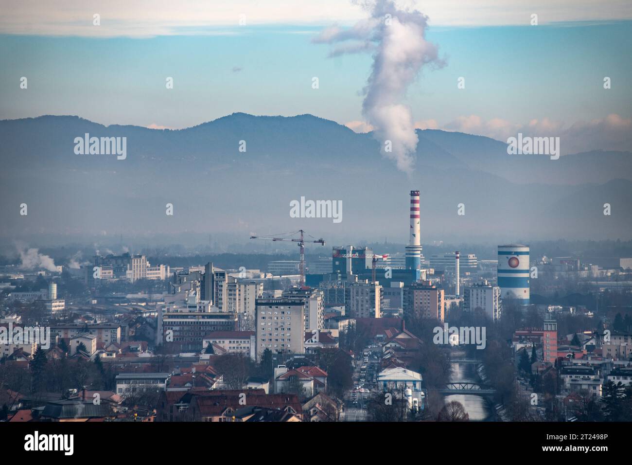 Ljubljana: pollution in the city, with coal industries and chimney. Slovenia Stock Photo