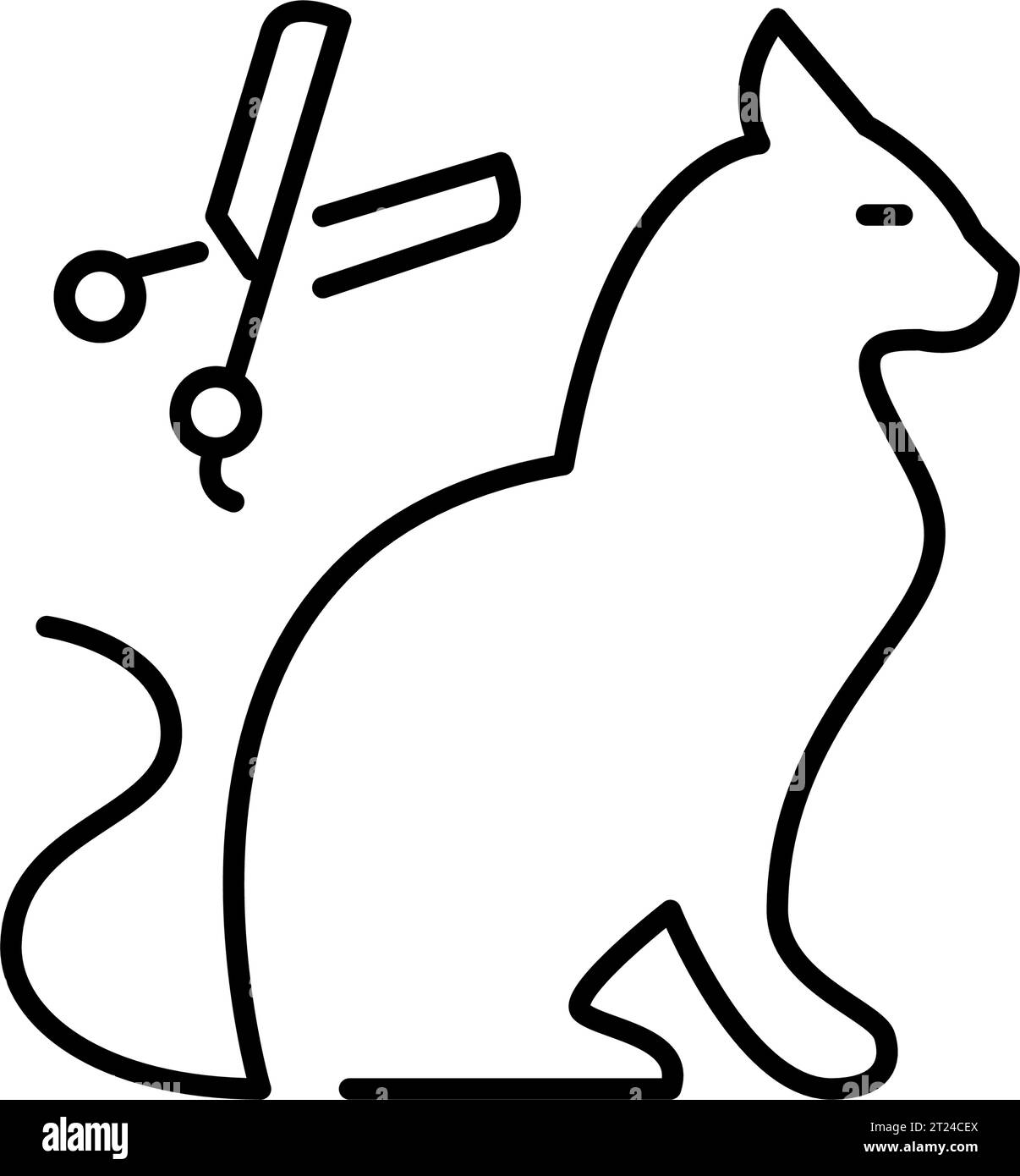 Pet grooming salon. Sitting cat and haircut scissors. Pixel perfect