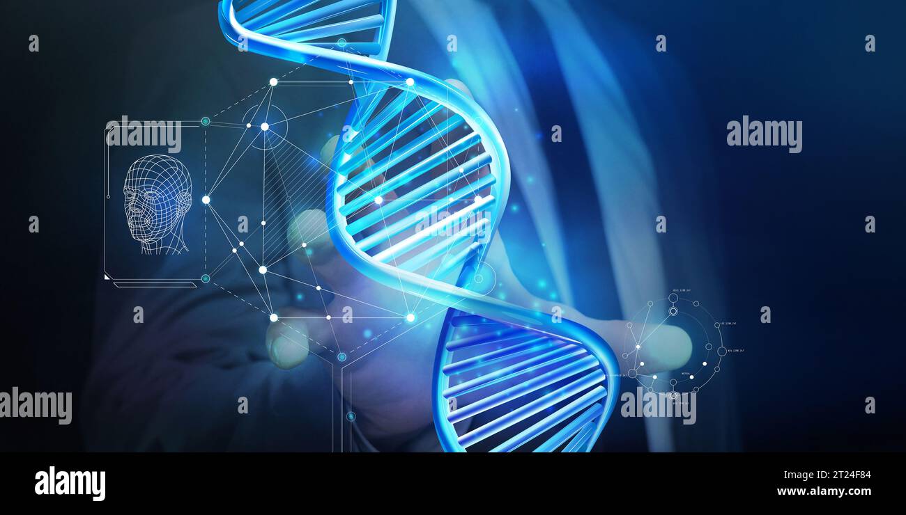 DNA spiral model on a dark blue background, 3D render Stock Photo - Alamy