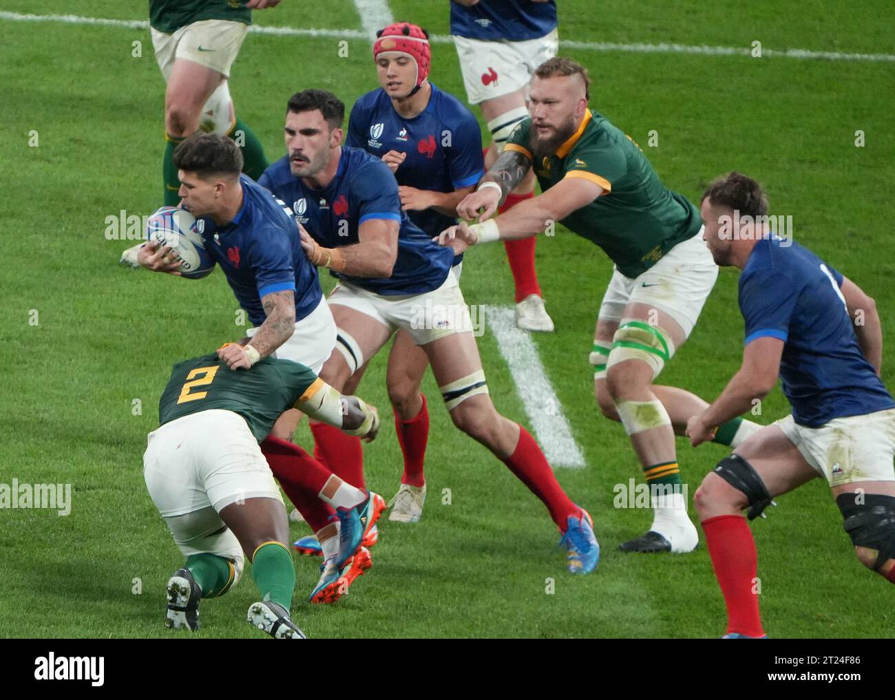 Saint Denis, France. 15th Oct, 2023. Mathieu Jalibert, Charles Ollivon and Louis Bielle- Barry of France during the World Cup 2023, Quarter-final rugby union match between France and South Africa on October 15, 2023 at Stade de France in Saint-Denis near Paris, France. Photo by Laurent Lairys/ABACAPRESS.COM Credit: Abaca Press/Alamy Live News Stock Photo