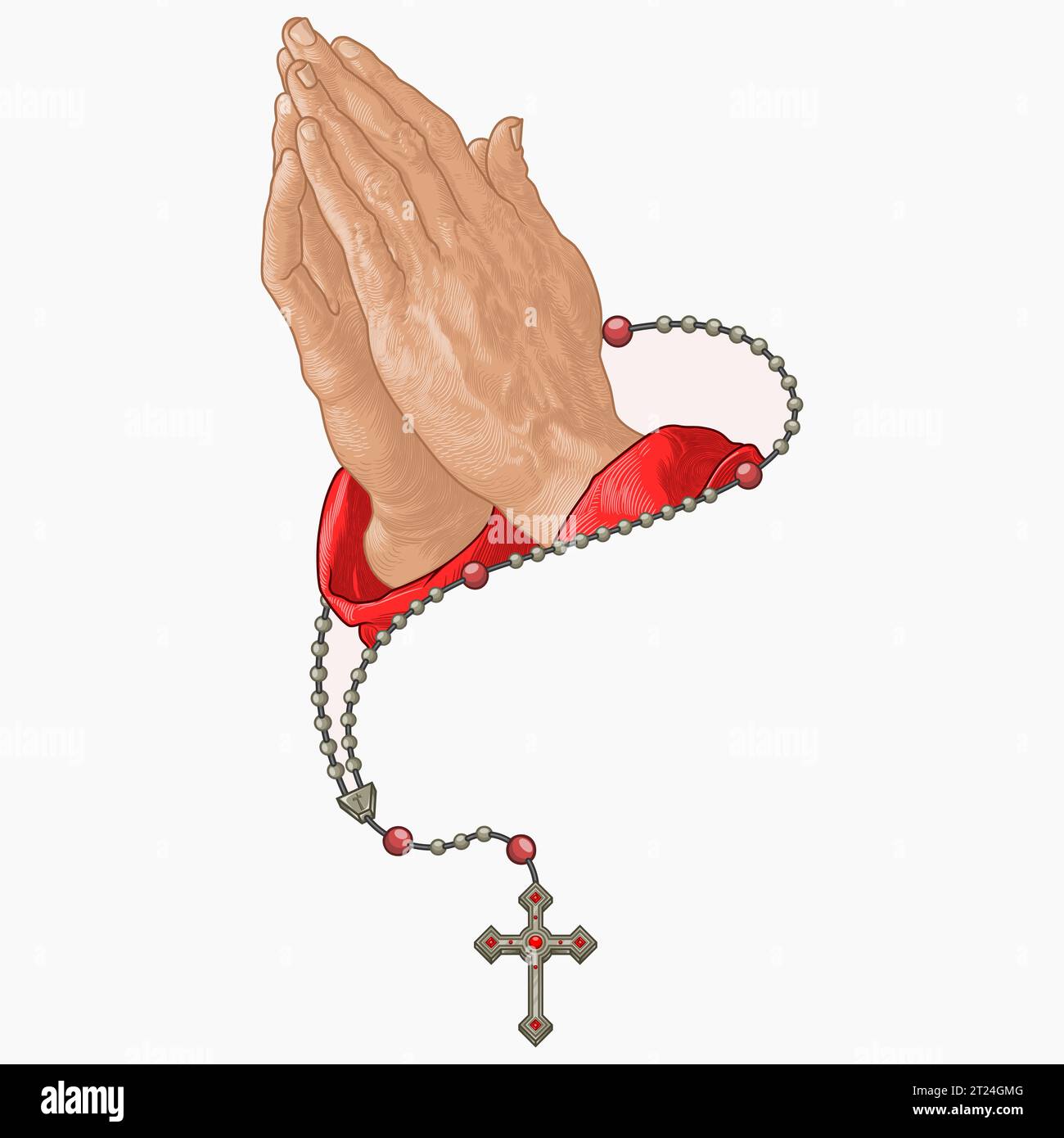 Vector design of praying hands with christian rosary, symbol of