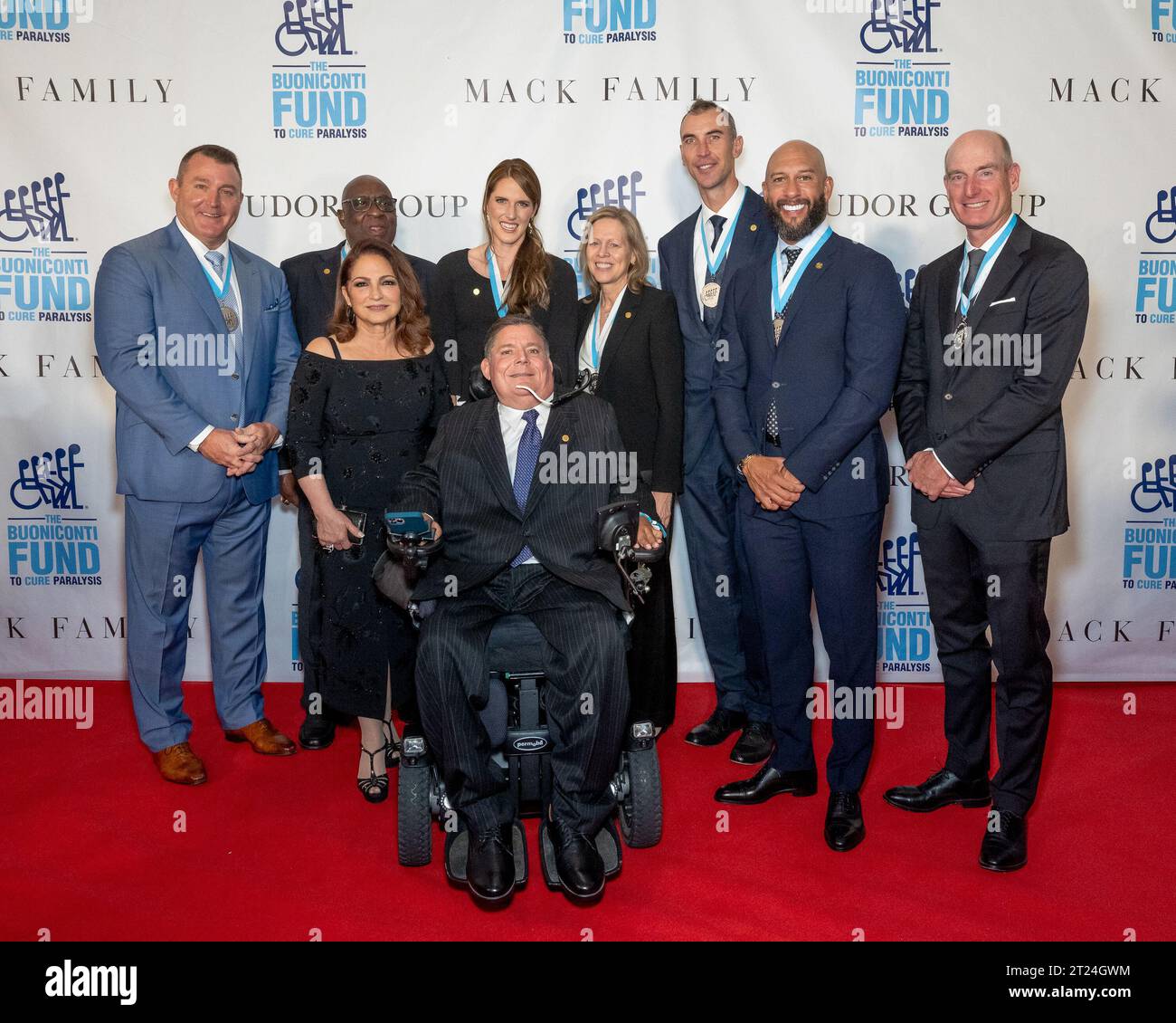 New York, USA. 16th Oct, 2023. (L-R)Jim Thome, Larry Little, Gloria Estefan, Missy Franklin, Marc A. Buoniconti, Val Ackerman, Zdeno Chara, Tim Howard, and Jim Furykarrive on the red carpet for the Buoniconti Fund To Cure Paralysis' 38th Annual Great Sports Legends Dinner at the Marriott Marquis in New York, New York, on Oct. 16, 2023. (Photo by Gabriele Holtermann/Sipa USA) Credit: Sipa USA/Alamy Live News Stock Photo