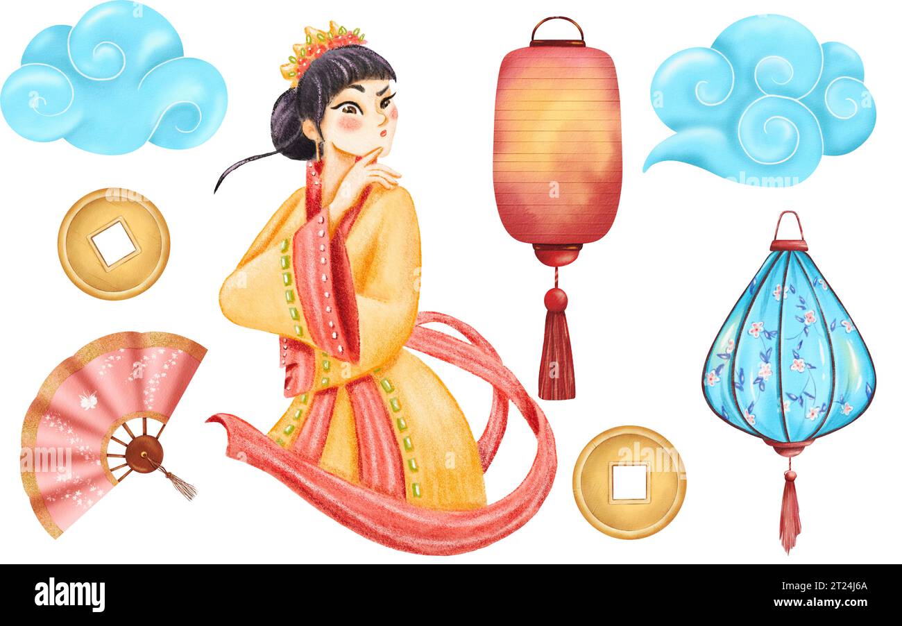 Vibrant watercolor set, Asian theme. Bright girl in red-yellow kimono, blue clouds, ornate lanterns with flowers, delicate fan, lucky golden coins Stock Photo