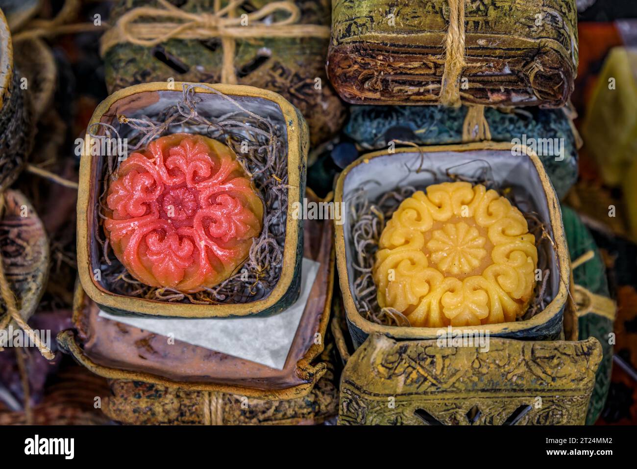 Selection of colorful natural scented soap at an Armenian culture festival, artisanal gift idea, San Francisco, California Stock Photo