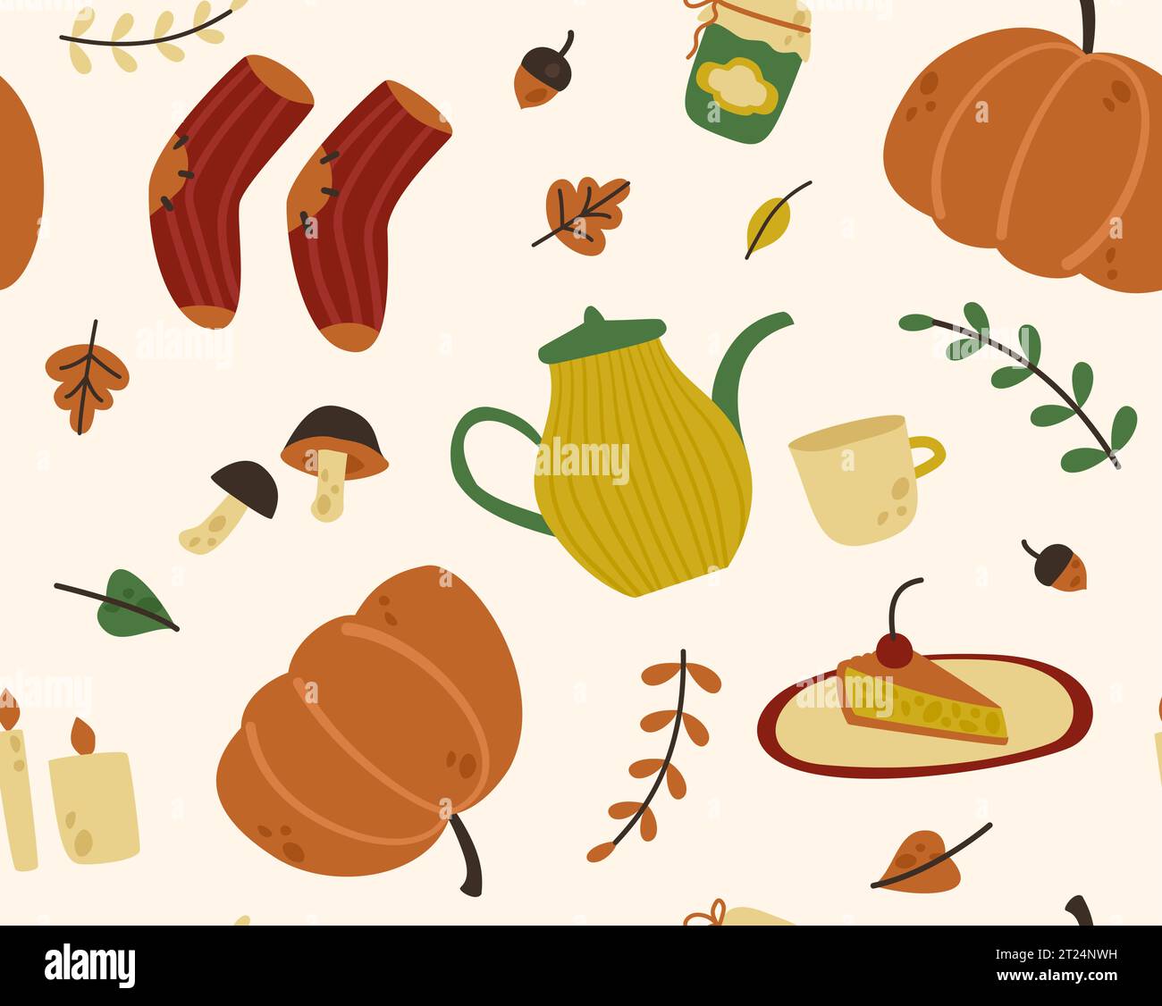 Autumn seamless object pattern: pumpkin, wool socks, wool socks, a piece of cake, hot tea, mushrooms and candles. Vector design elements. Illustration Stock Vector