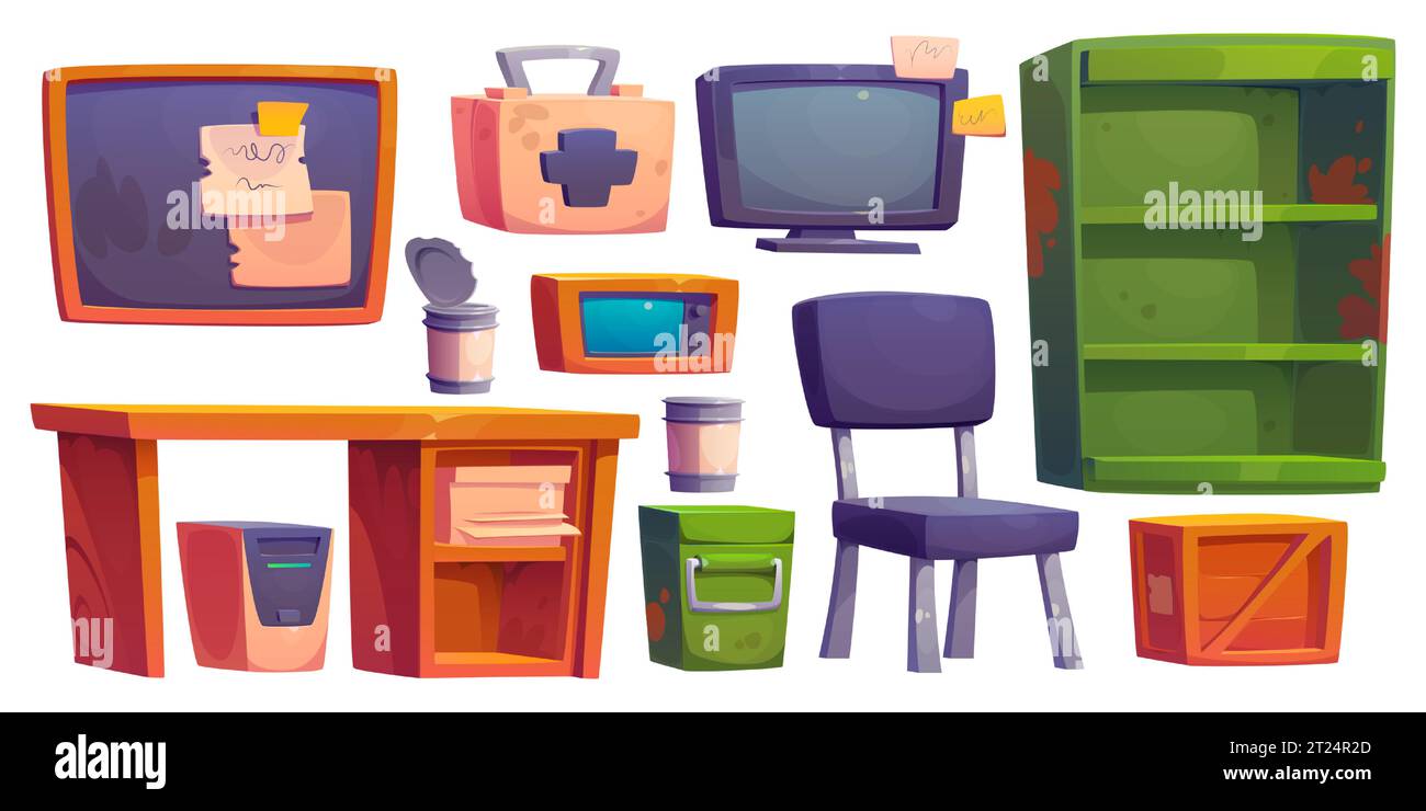 Furniture and equipment for underground safe bunker for rescue during bombing or natural disaster. Cartoon vector shelter survival kit - supply of food, first aid box, desk with computer and radio. Stock Vector