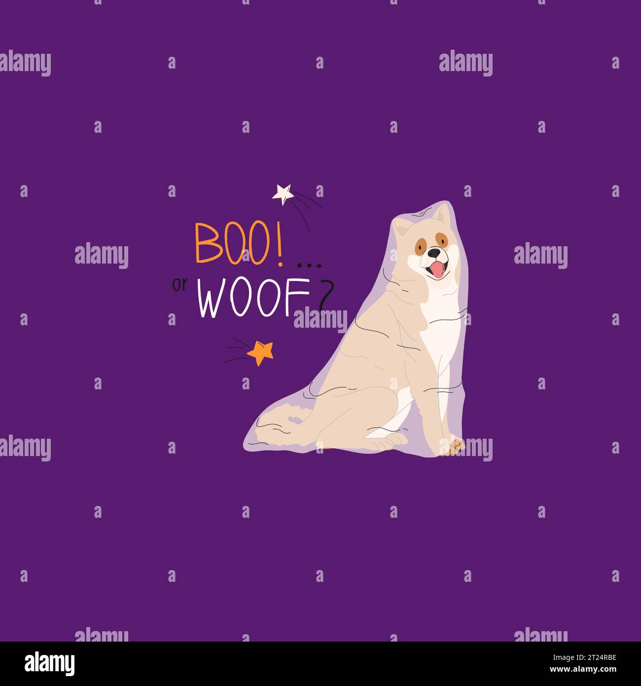 Dogs in ghost Halloween costume. Happy Halloween vector illustration. Hand drawn funny lettering. Ideal for holiday cards Stock Vector