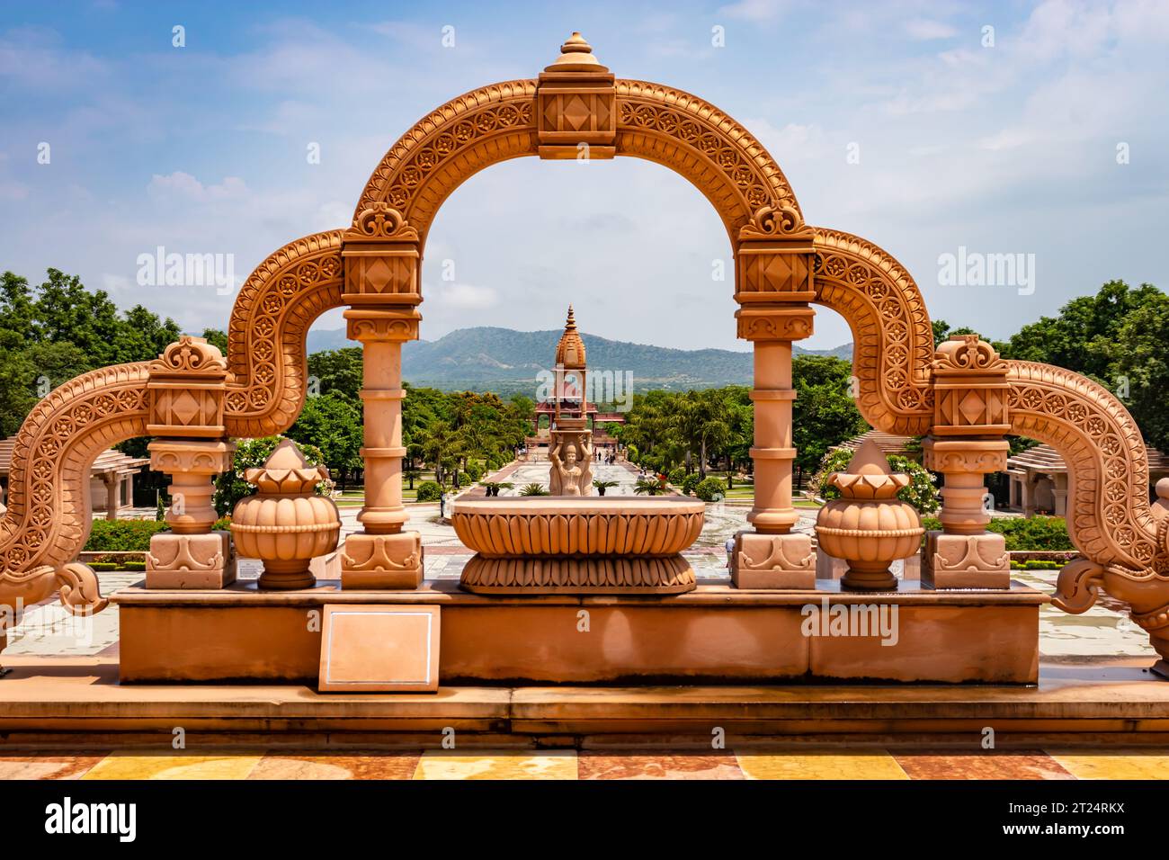 unique red stone arc of jain temple with amazing natural landscape view