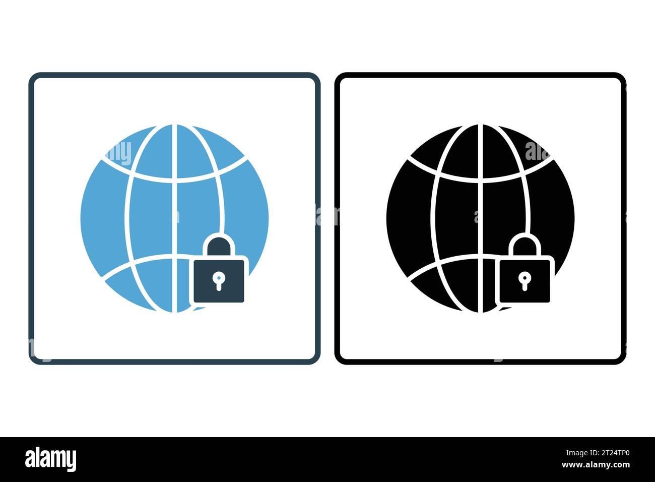 Secured network icon. earth with a padlock. icon related to network security, Warning, notification. suitable for app, user interfaces, etc. Solid ico Stock Vector