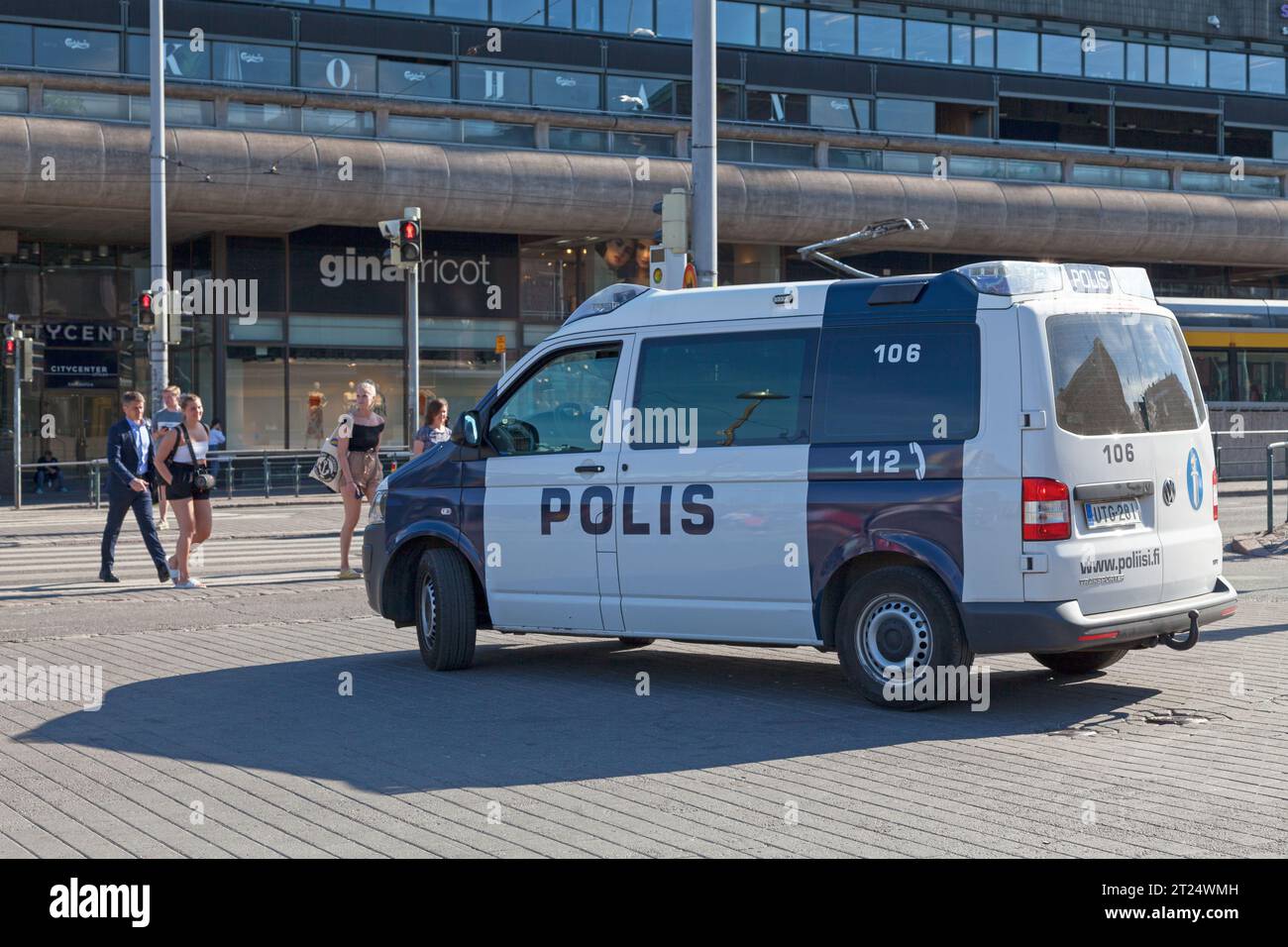 Helsinki, Finland - June 19 2019: Police van patrolling the streets in the city center. Stock Photo