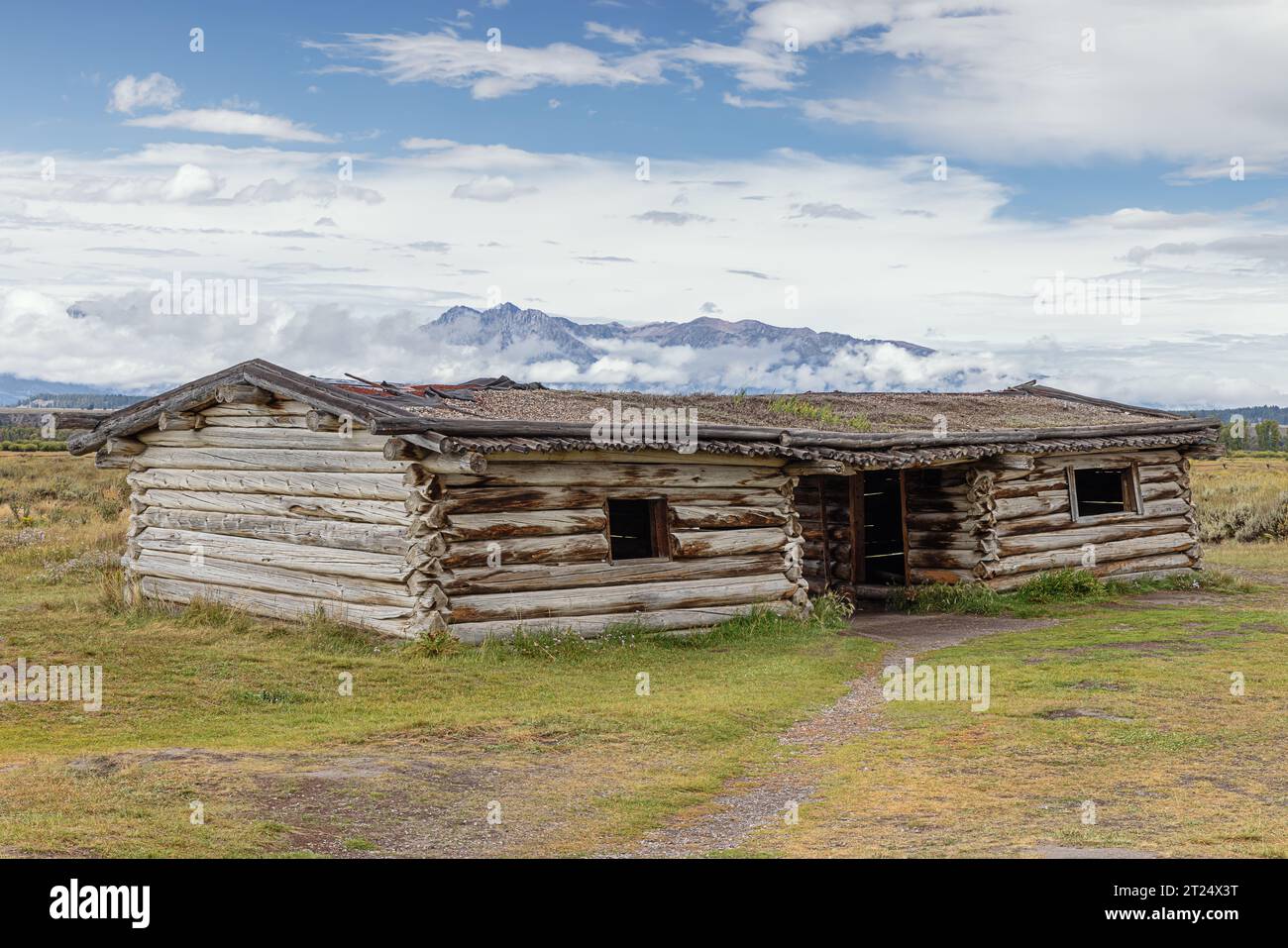 Close up of the Cunningham Cabin with the Teton Range in the Grand Teton National Park Stock Photo
