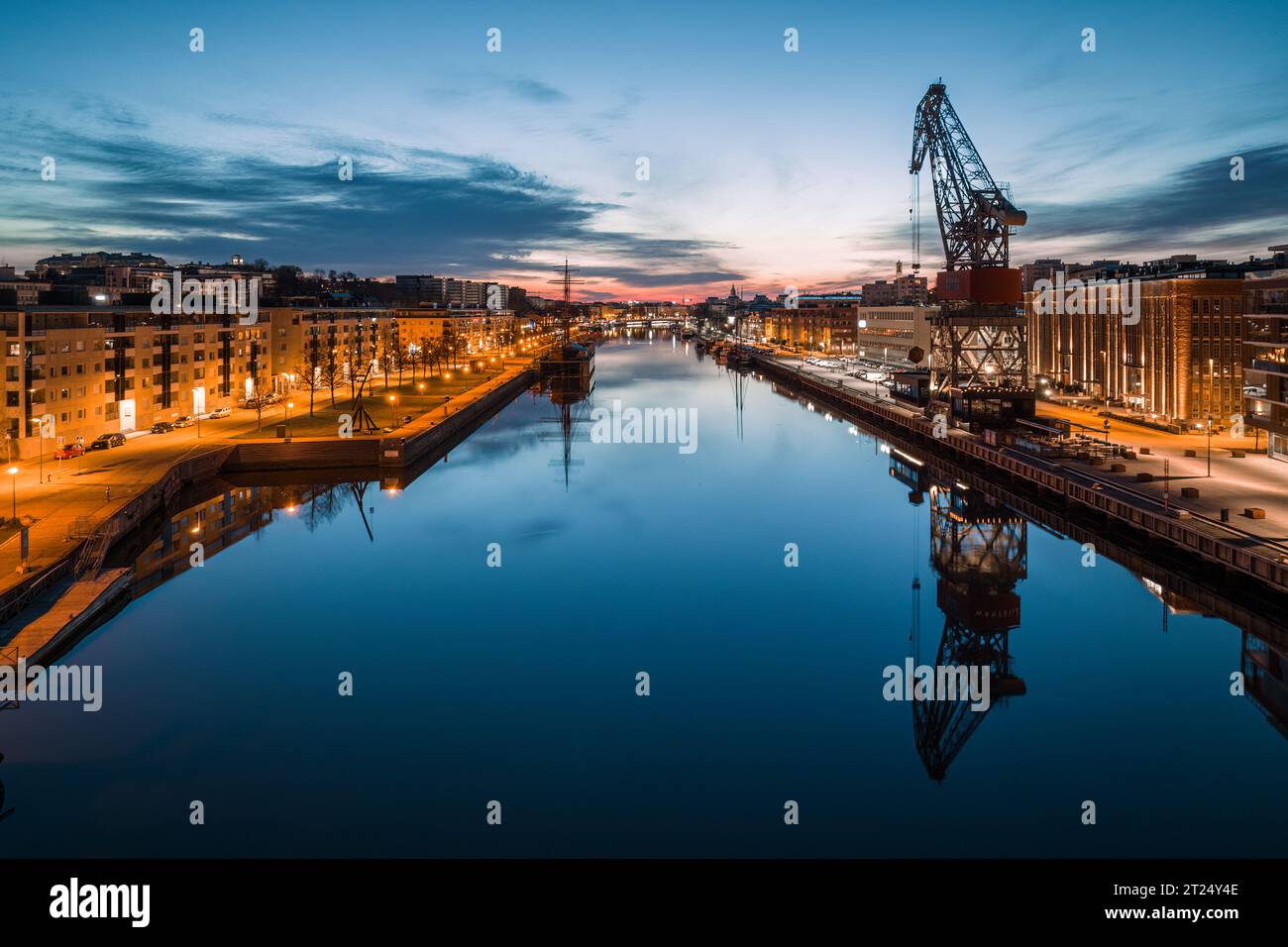 Cityscape of Turku, Finland at dawn and the calm aurajoki river in the city downtown Stock Photo