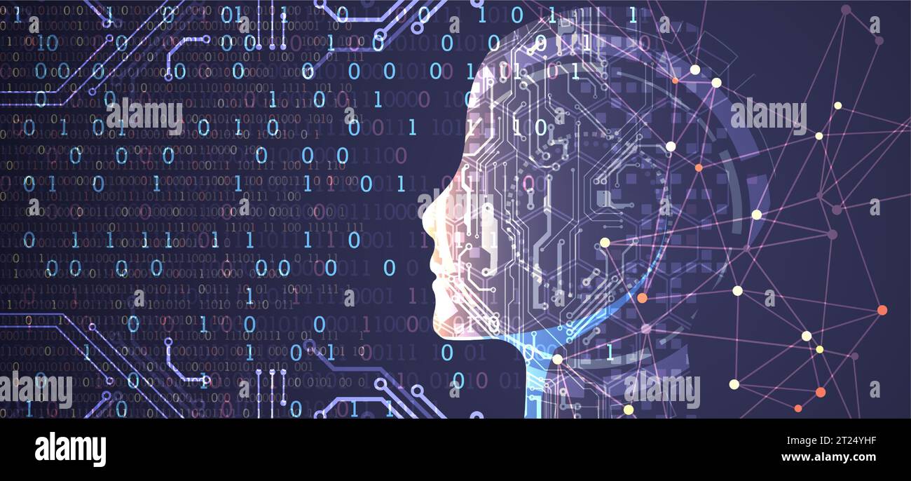 Artificial Intelligence. Technical background with a silhouette of a robot head. Big data concept. Machine cyber mind. Vector Stock Vector