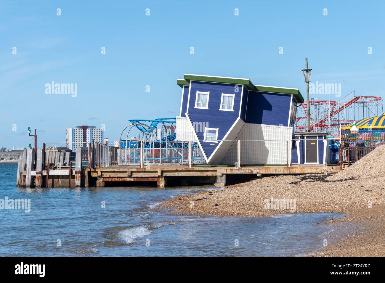 Upside down house at Clarence Pier Southsea, an unusual visitor attraction, Portsmouth, Hampshire, England, UK Stock Photo