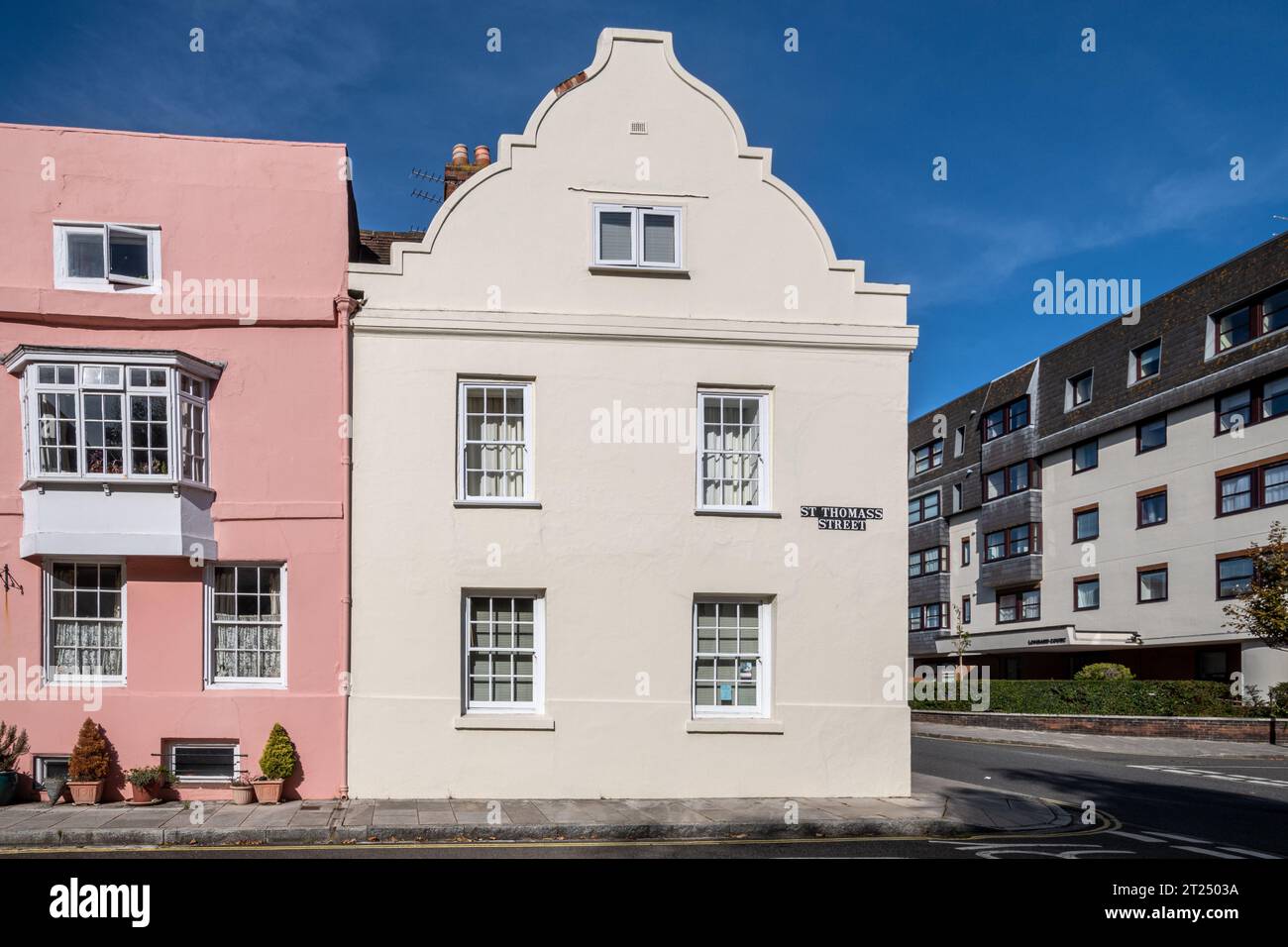 Picturesque houses properties buildings in St Thomas's Street, Old Portsmouth, Hampshire, England, UK Stock Photo