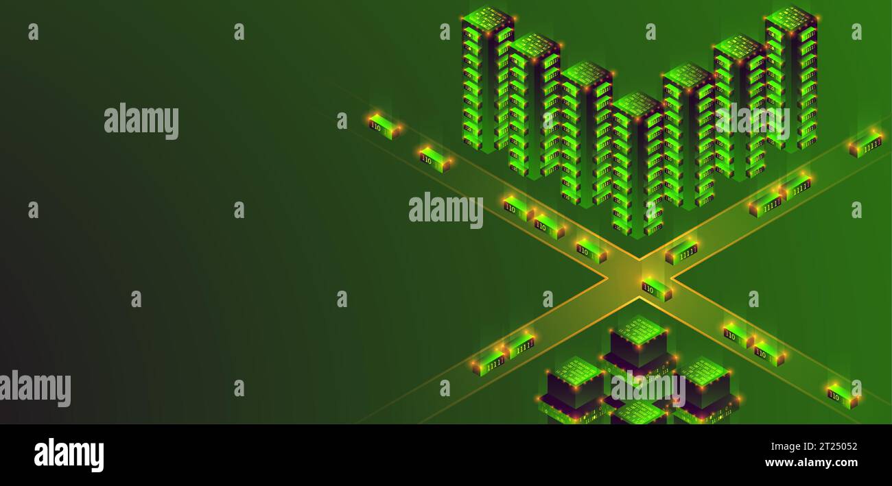 Smart city. Isometric big data concept, database.  Abstract technology background. Vector illustration Stock Vector