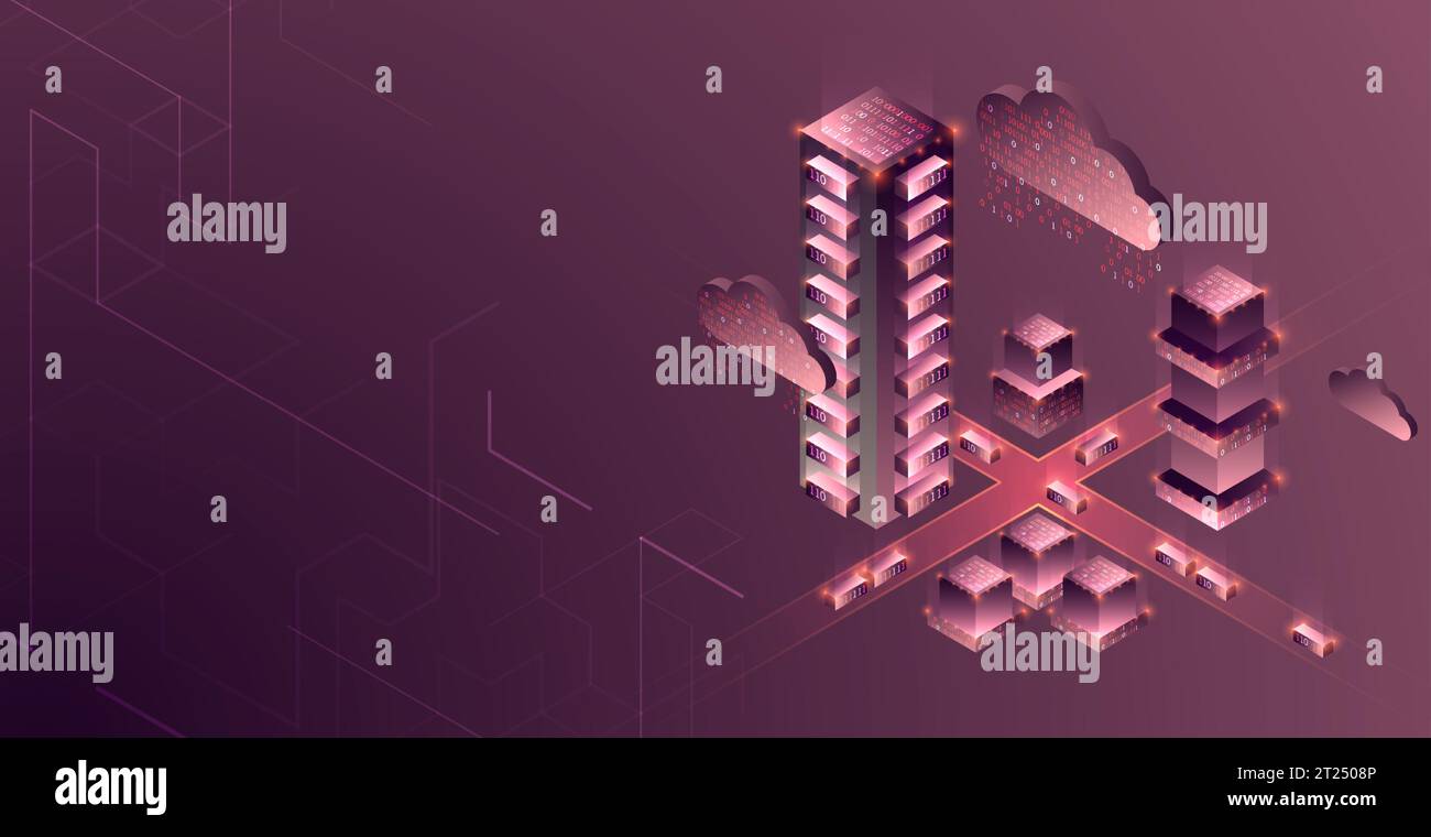 Smart city. Isometric big data concept, database.  Abstract technology background. Vector illustration Stock Vector