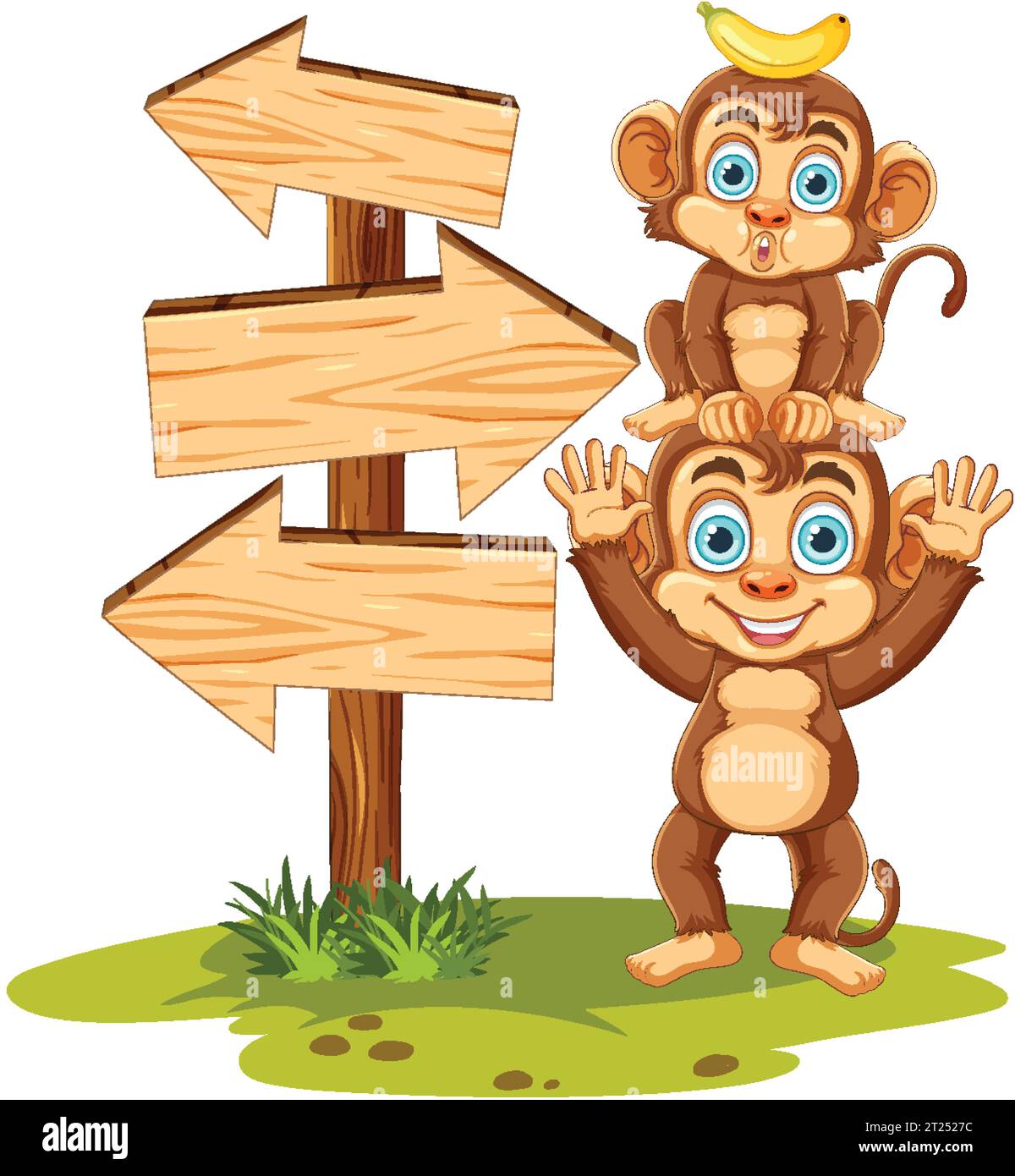 A vector cartoon illustration of a monkey standing beside a wooden