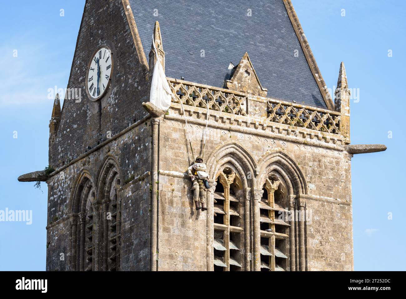 Closeup of the paratrooper dummy hung from the steeple of SainteMere