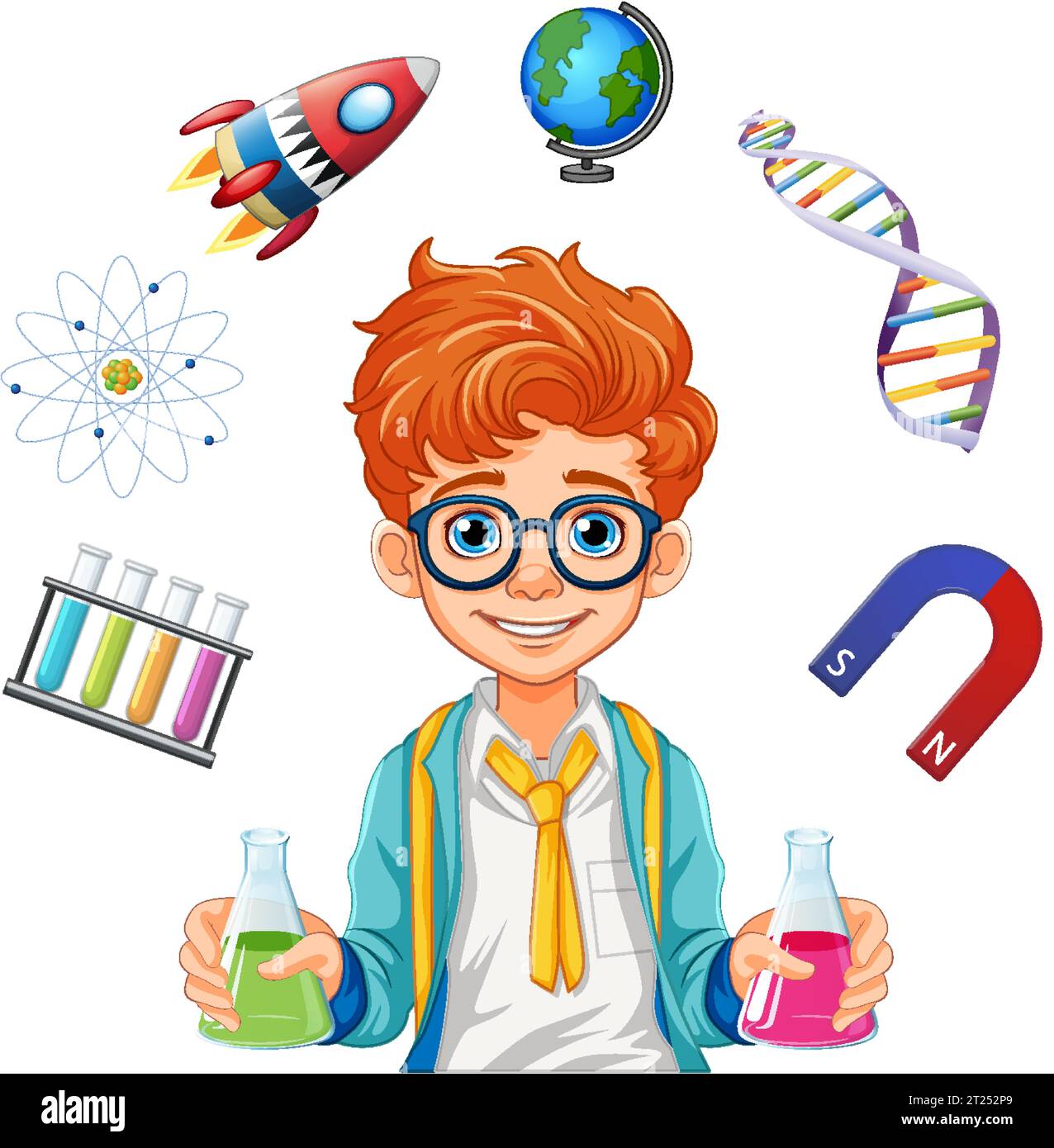 Male student cartoon holding conical flask on science class experiment