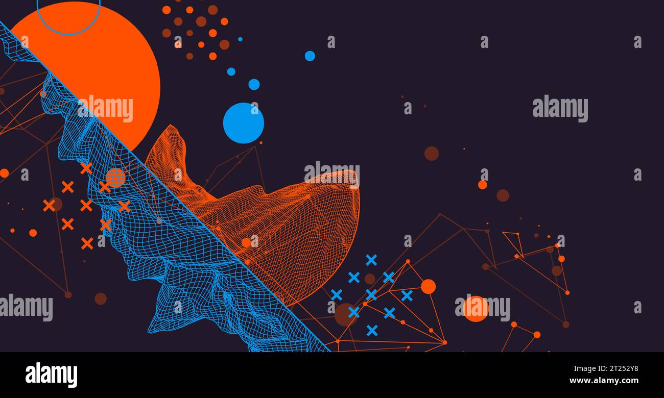 Trendy abstract wireframe mountain background. Modern science or technology art elements. Surface illustration. Vector. Stock Vector
