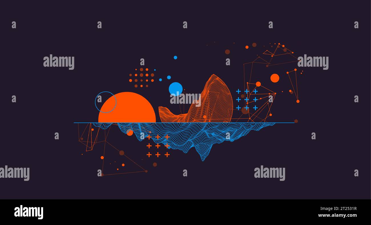 Trendy abstract wireframe mountain background. Modern science or technology art elements. Surface illustration. Vector. Stock Vector
