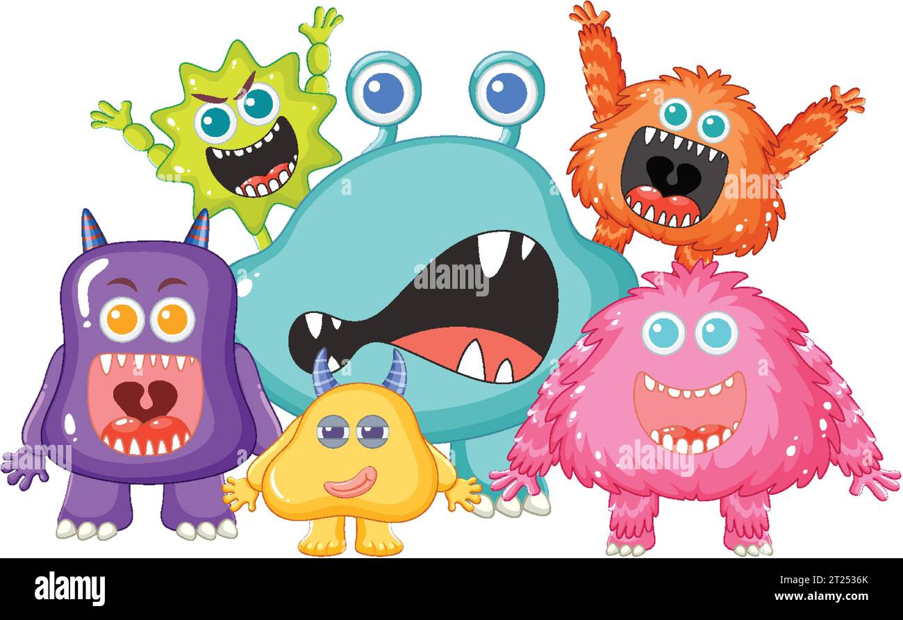 A group of cute alien monsters in a friendly cartoon illustration Stock ...