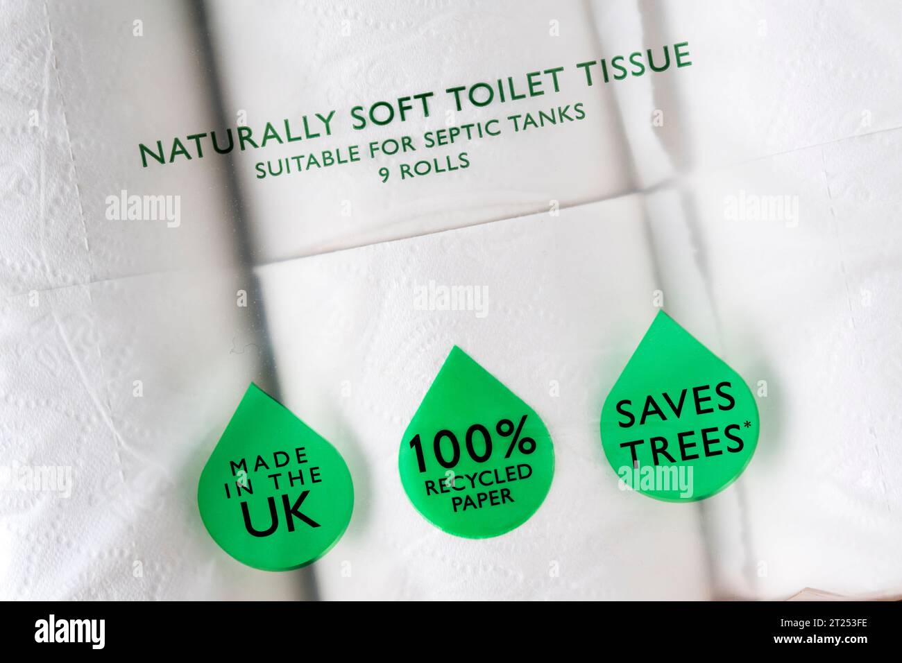 Soft toilet paper, advertised as suitable for use with a septic tank. Stock Photo